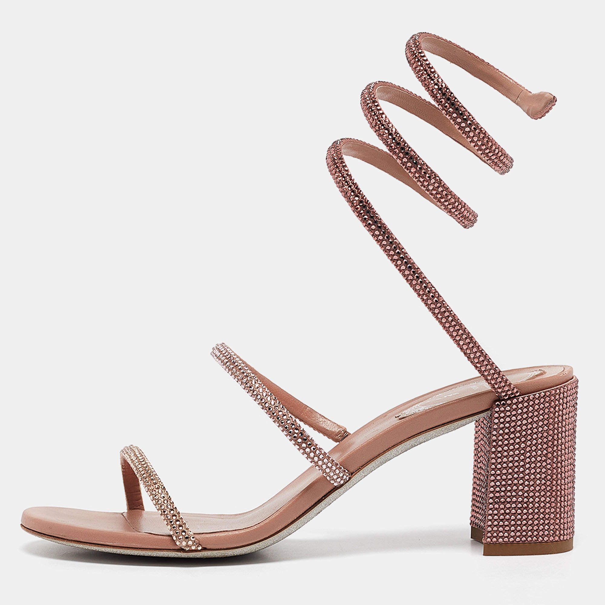 Pre Owned René Caovilla Pink Crystal Embellished Satin Cleo Sandals Size 37.5