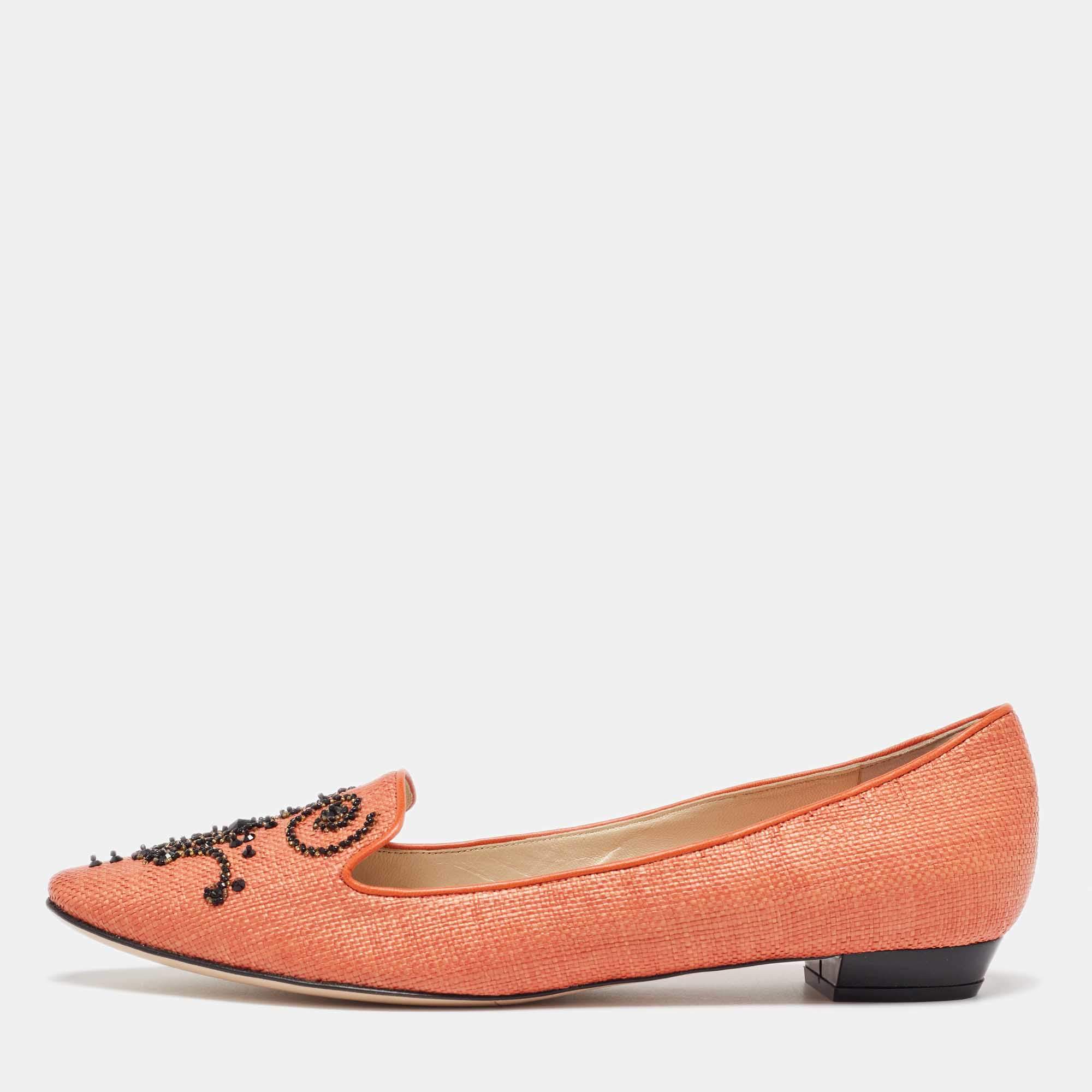 René Caovilla Orange Raffia Smoking Slippers Size 40