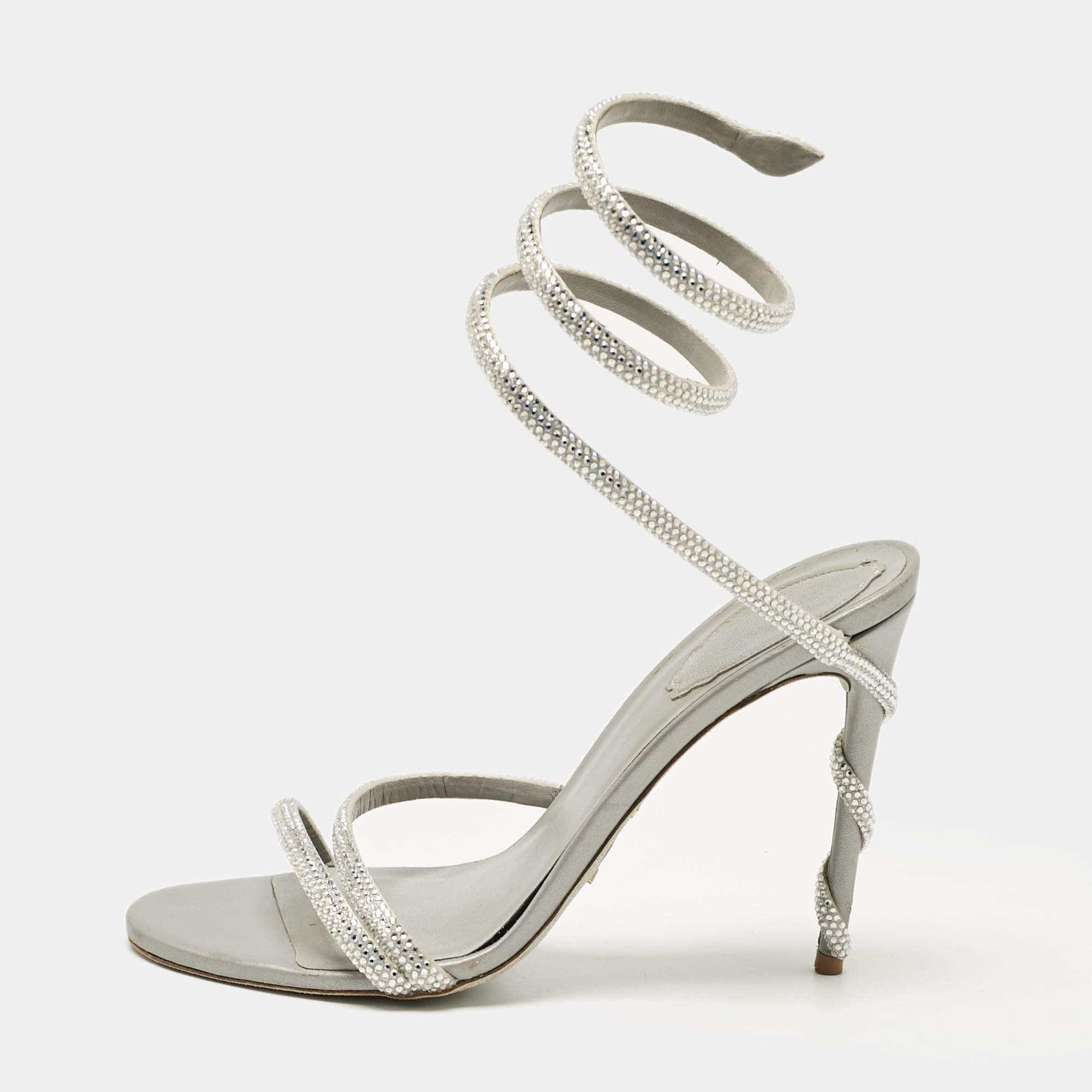 مملوكة مسبقًا René Caovilla Silver Leather Cleo Ankle Strap Sandals Size 38
