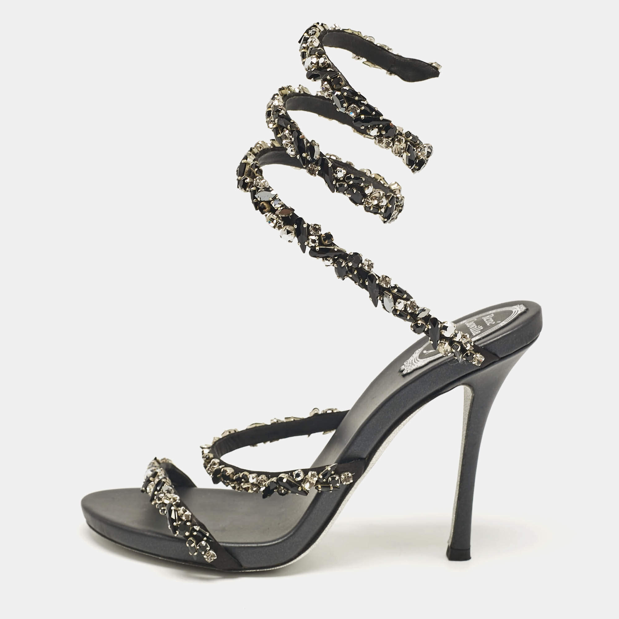 مملوكة مسبقًا René Caovilla Black Satin Crystal Embellished Cleo Sandals Size 38.5