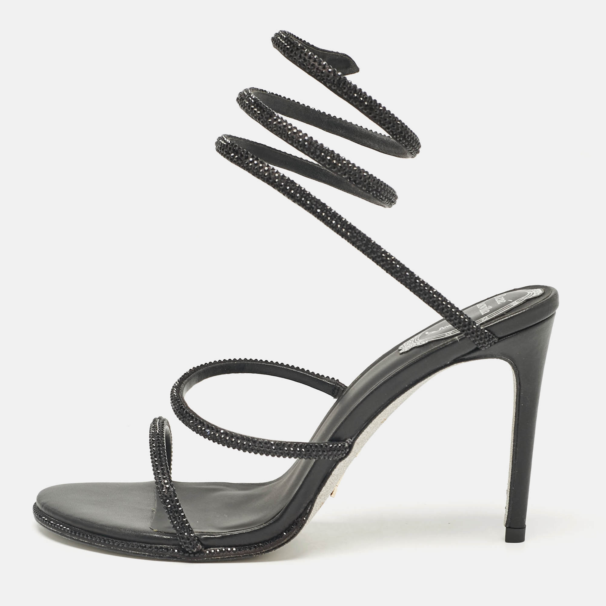Rene Caovilla Black Satin and Leather Cleo Crystal Embellished Sandals Size 40
