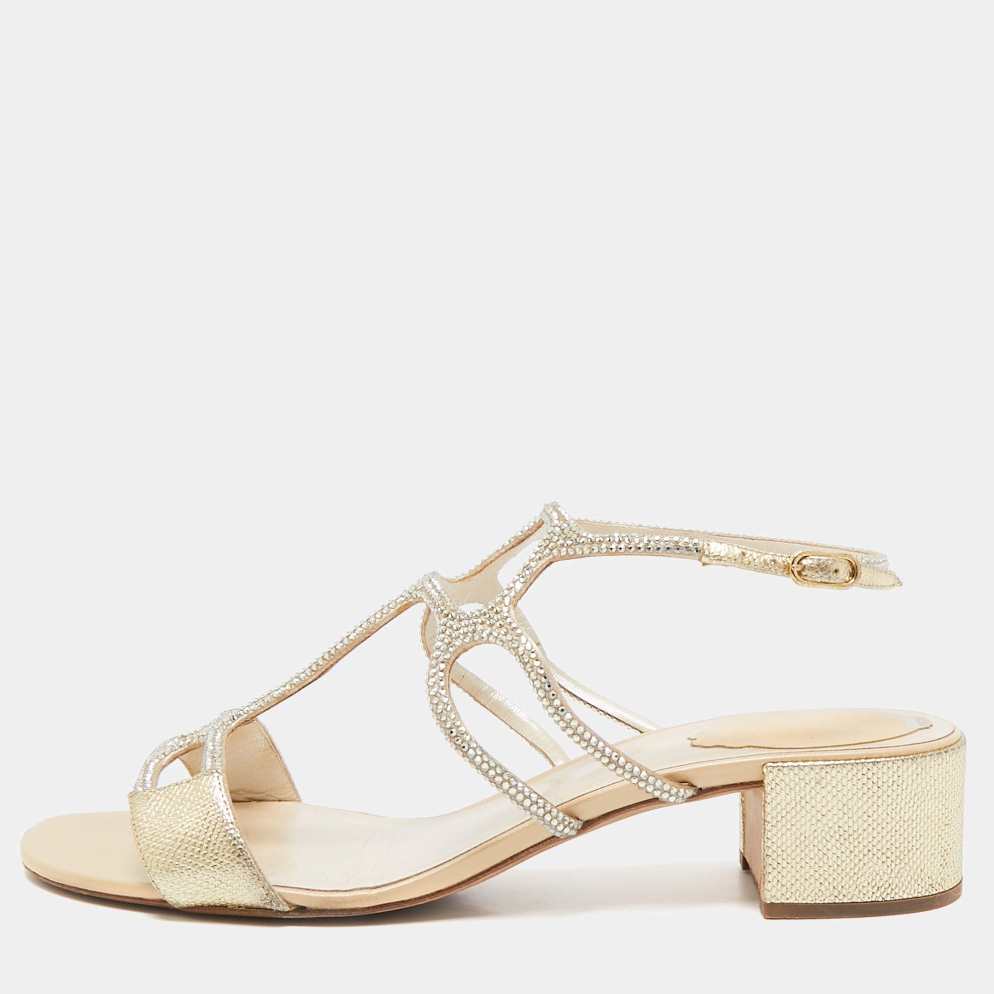 René Caovilla Gold Leather Crystal Embellished Slingback Sandals Size 40