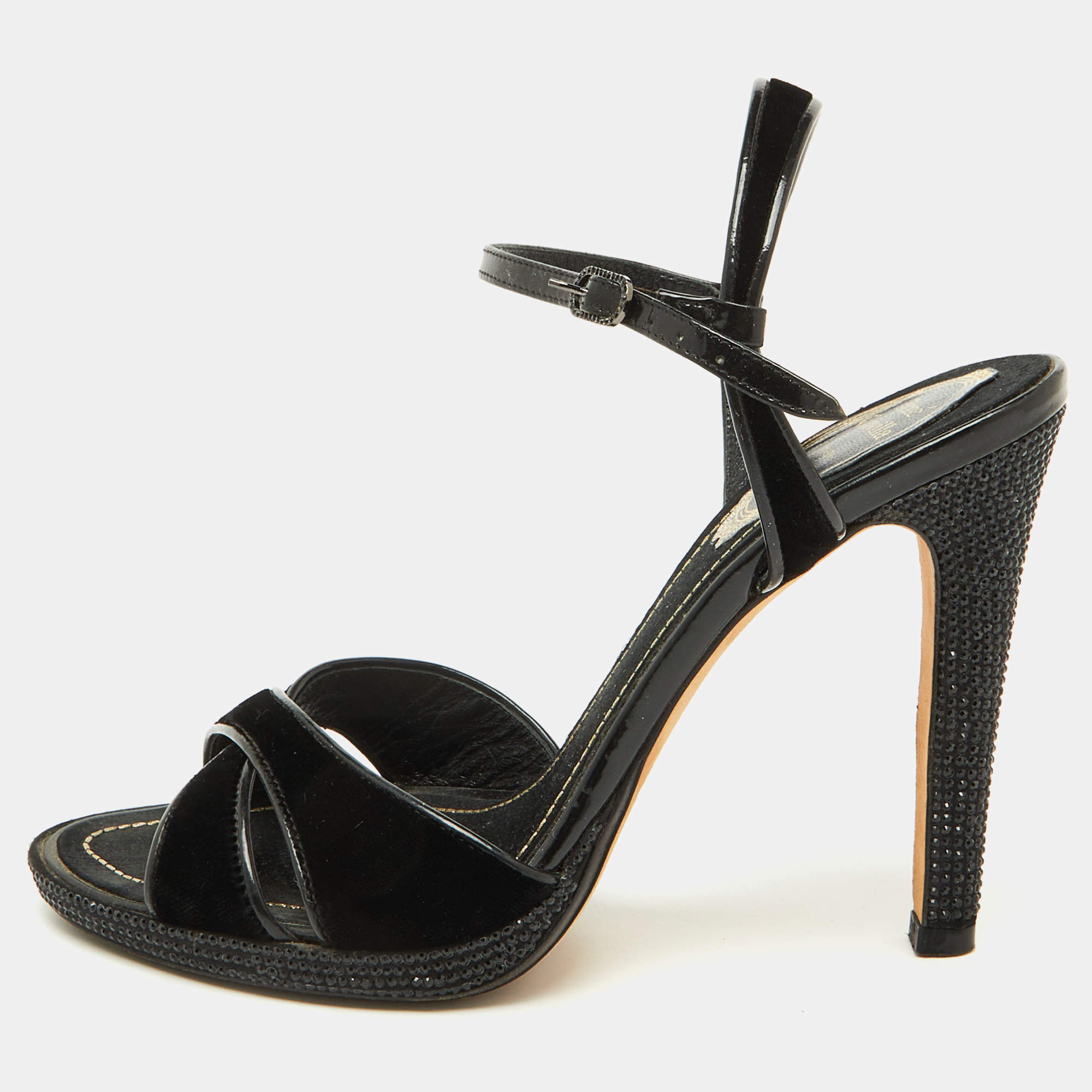 René Caovilla Black Velvet and Patent Leather Ankle Strap Sandals Size 37
