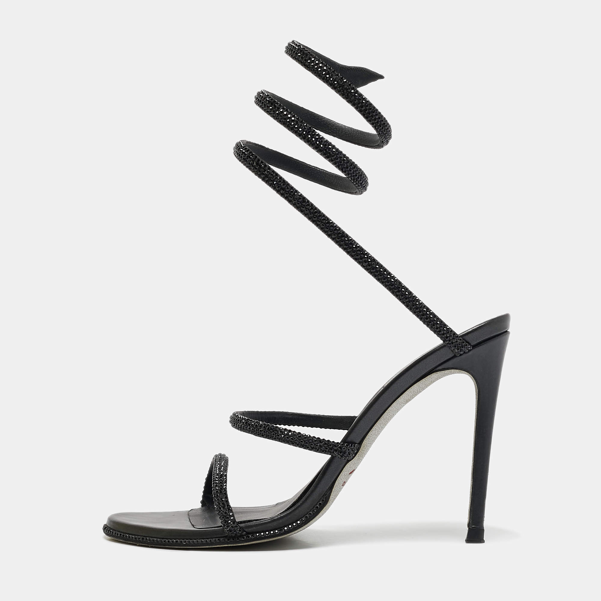 Pre Owned René Caovilla Black Leather Crystals Embellished Satin Cleo Sandals Size 37