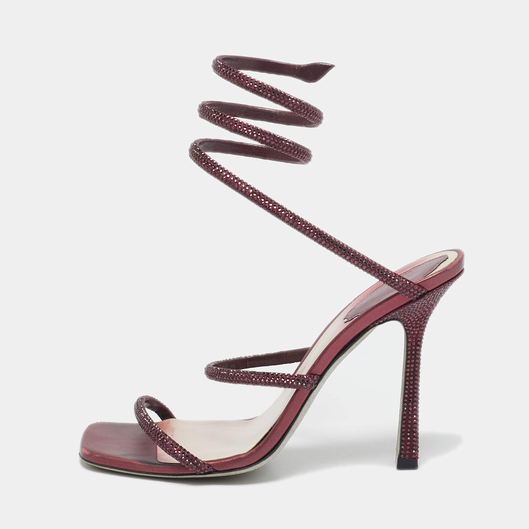 Pre Owned René Caovilla Burgundy Leather Cleo Ankle Strap Sandals Size 38