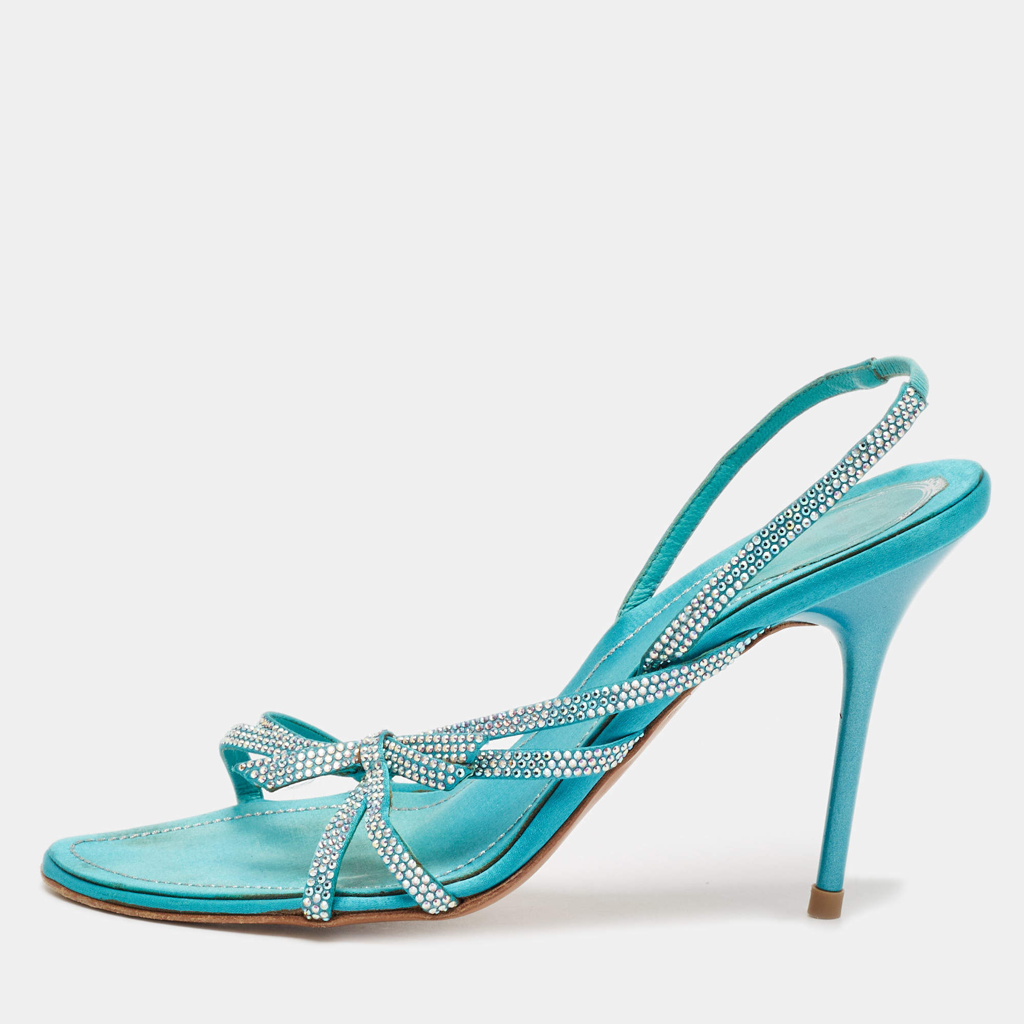 Pre Owned René Caovilla Blue Satin Crystal Embellished Slingback Sandals Size 38.5
