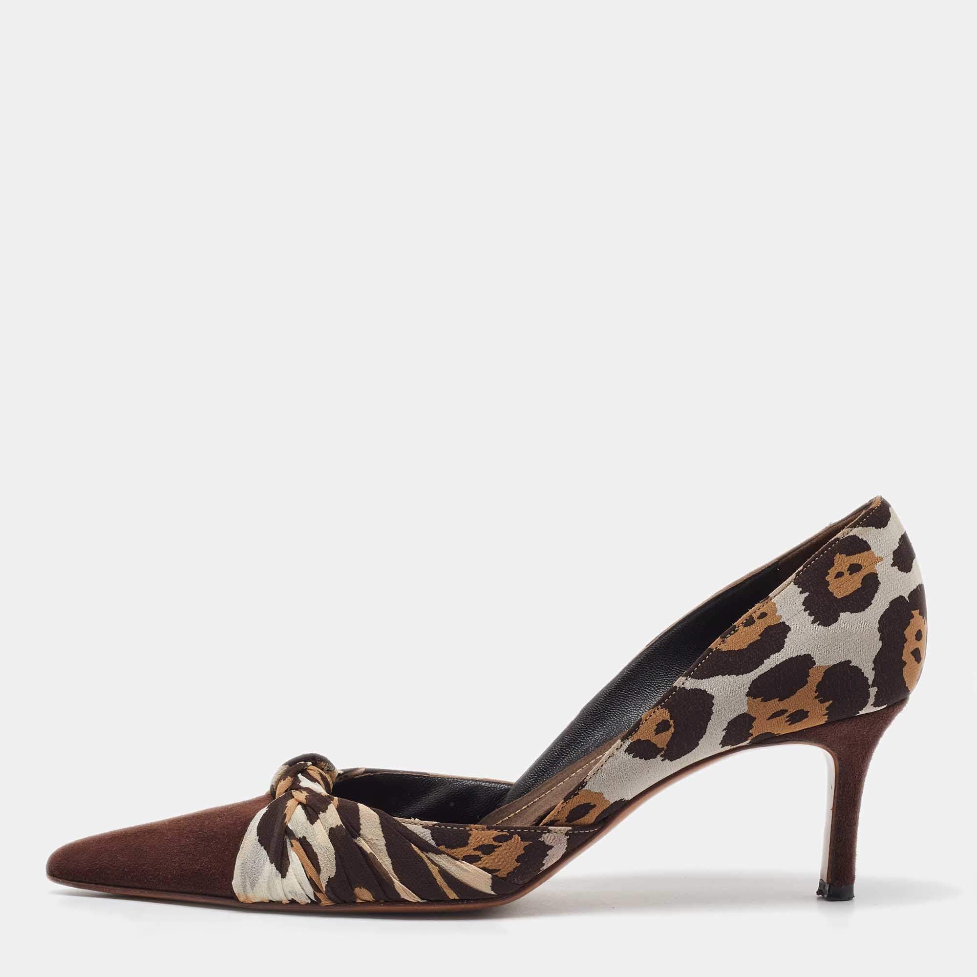 René Caovilla Brown Leopard Print Fabric and Suede Knotted Pointed Toe Pumps Size 38