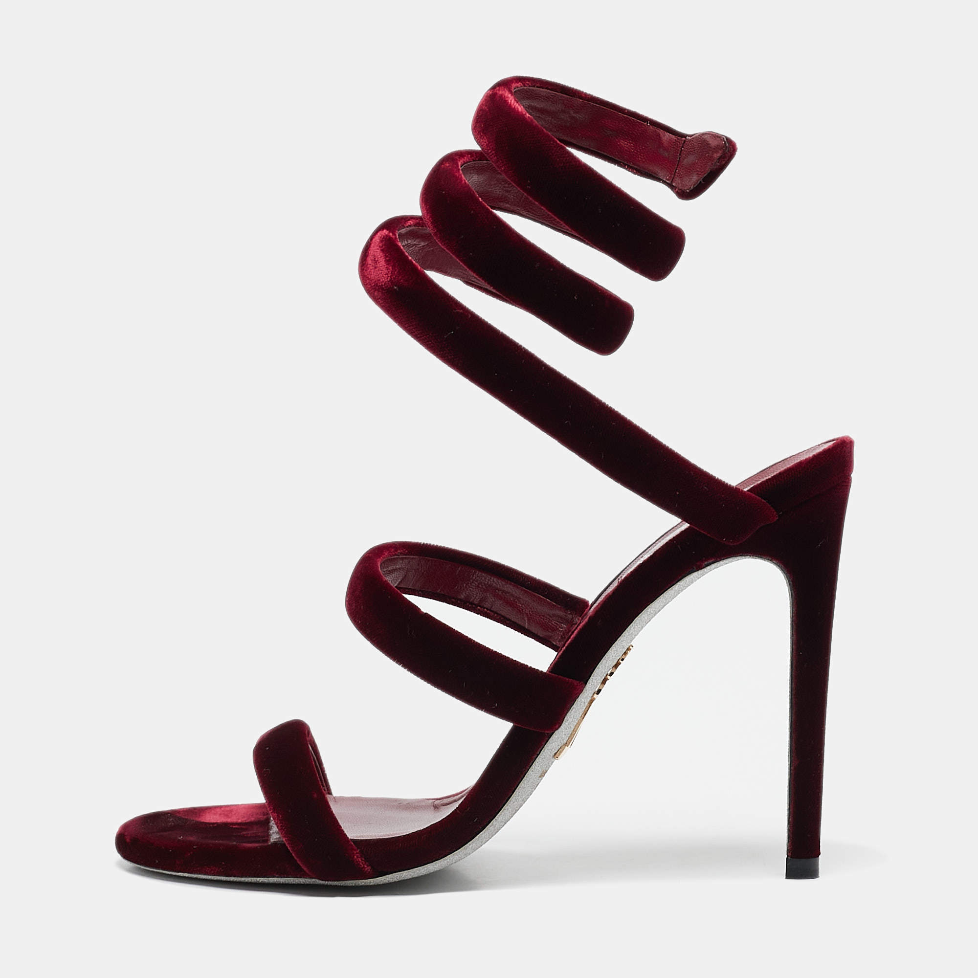 René Caovilla Burgundy Velvet Cleo Ankle Strap Sandals Size 38