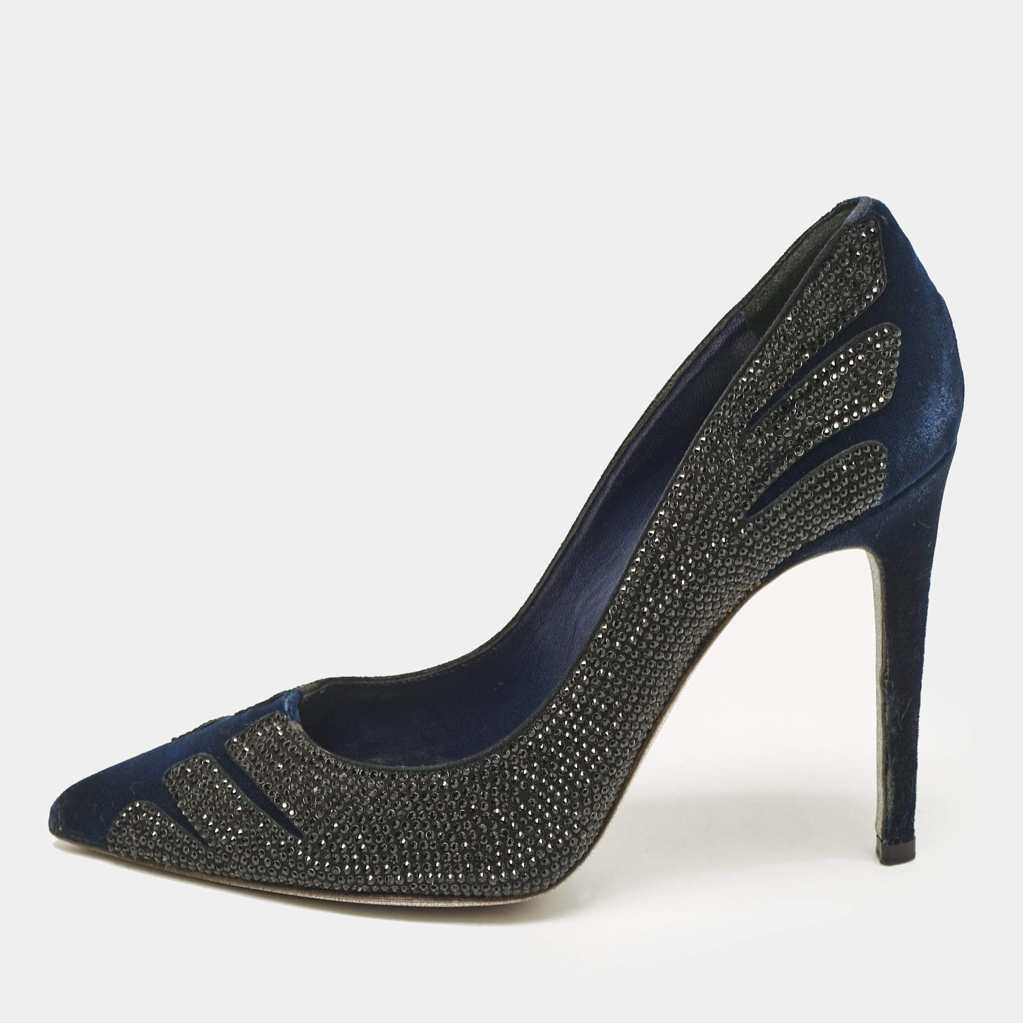 Pre Owned René Caovilla Blue Velvet Crystal Embellished Pointed Toe Pumps Size 38