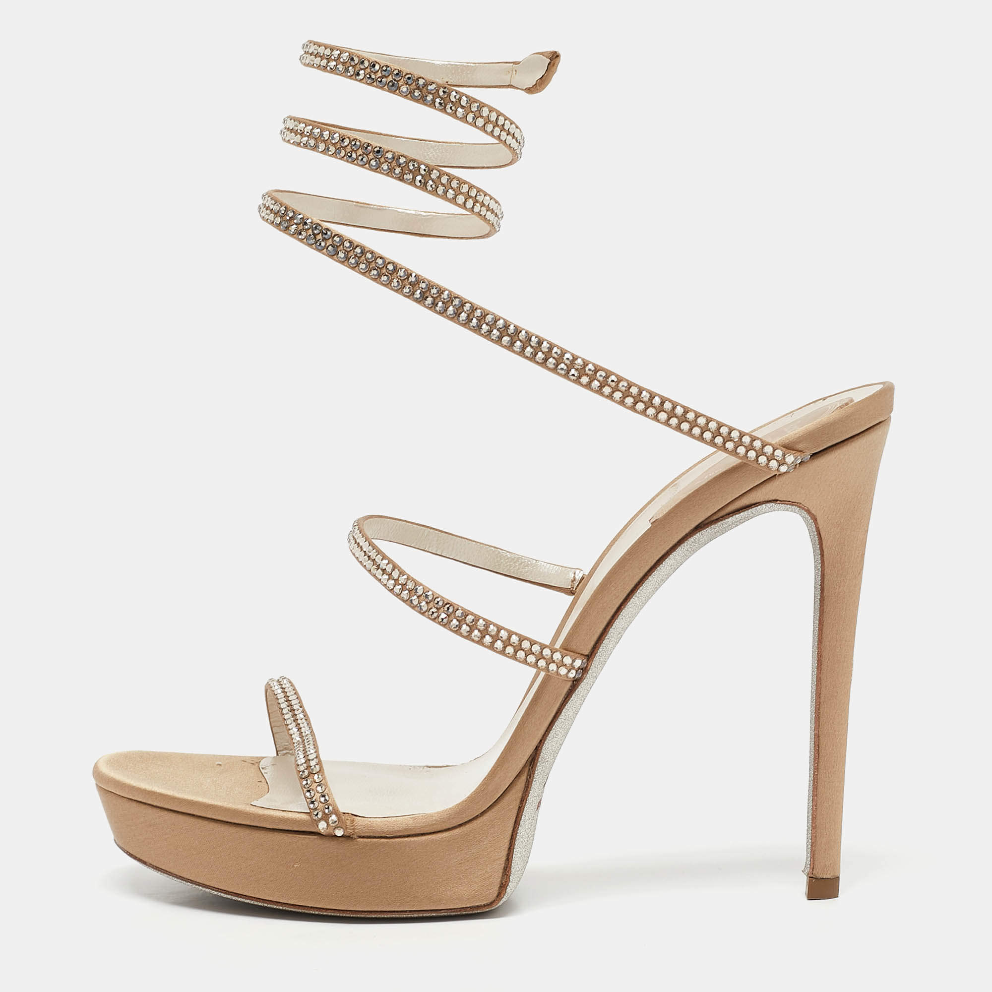 مملوكة مسبقًا René Caovilla Beige Satin Cleo Ankle Wrap Sandals Size 41