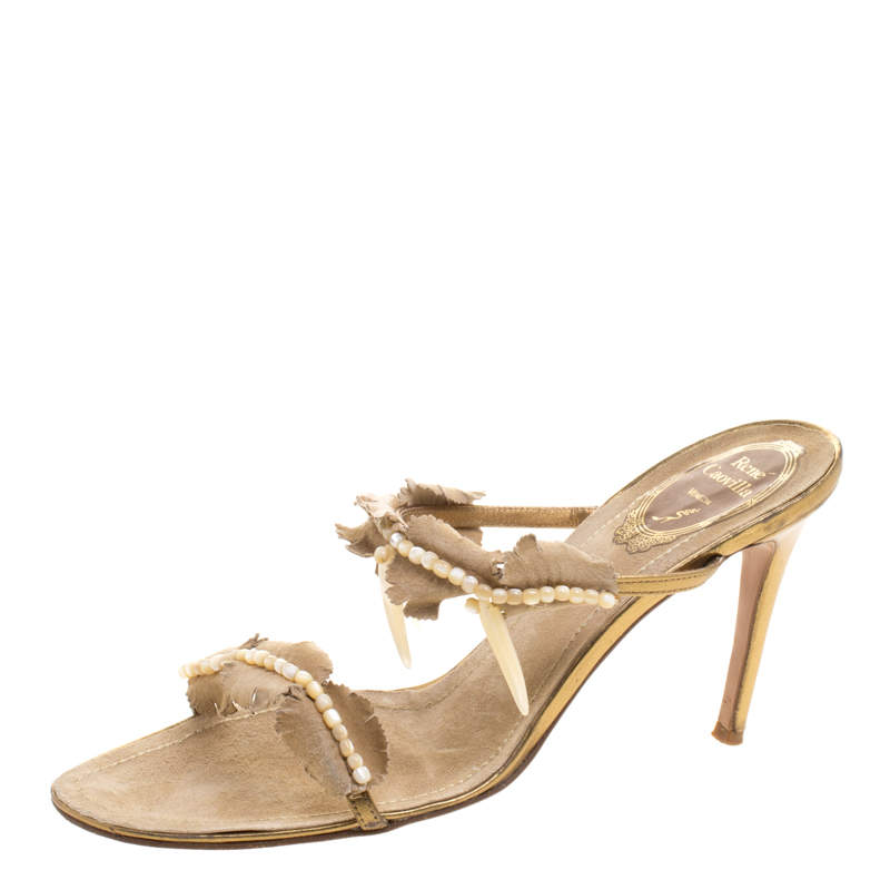 René Caovilla Beige Embellished Suede Slides Size 38.5