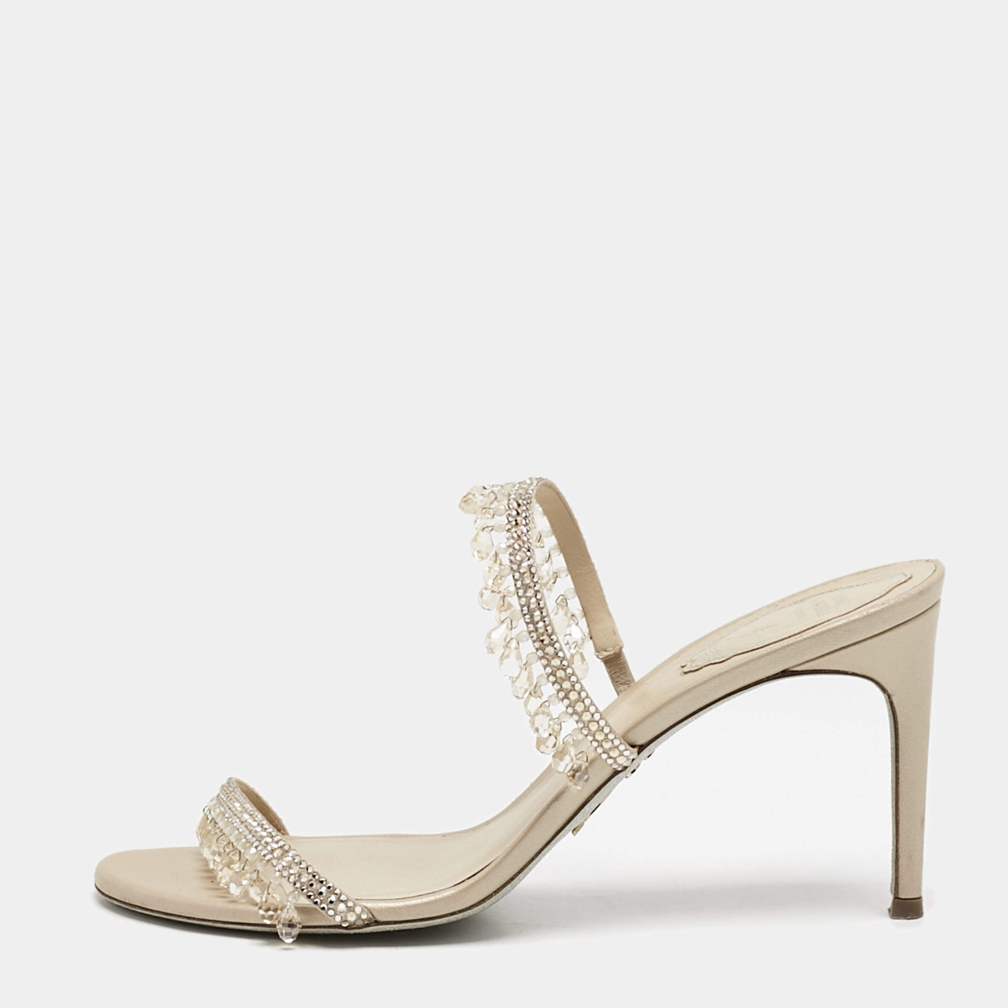 Pre Owned René Caovilla Beige Suede Crystal Embellished Chandelier Slide Sandals Size 38