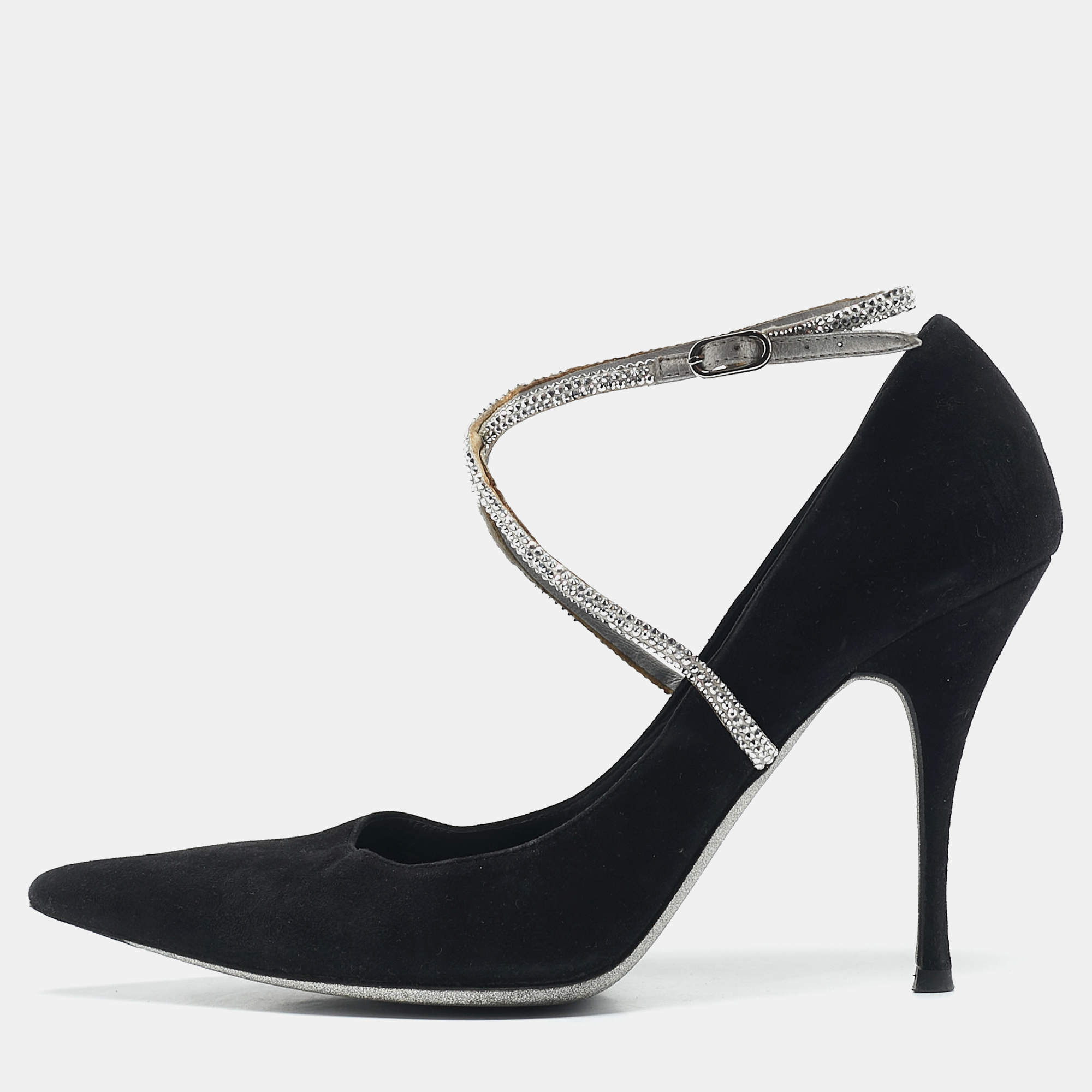 René Caovilla Black Suede Crystal Embellished Ankle Wrap Pumps Size 38.5
