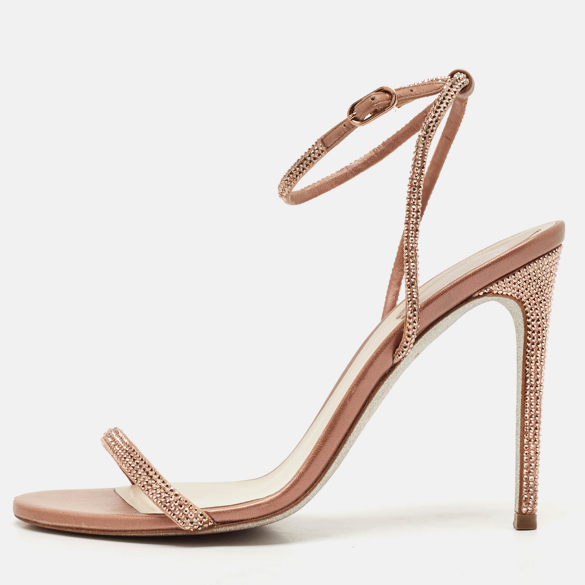 مملوكة مسبقًا René Caovilla Rose Gold Satin and Leather Ellabrita Sandals Size 38
