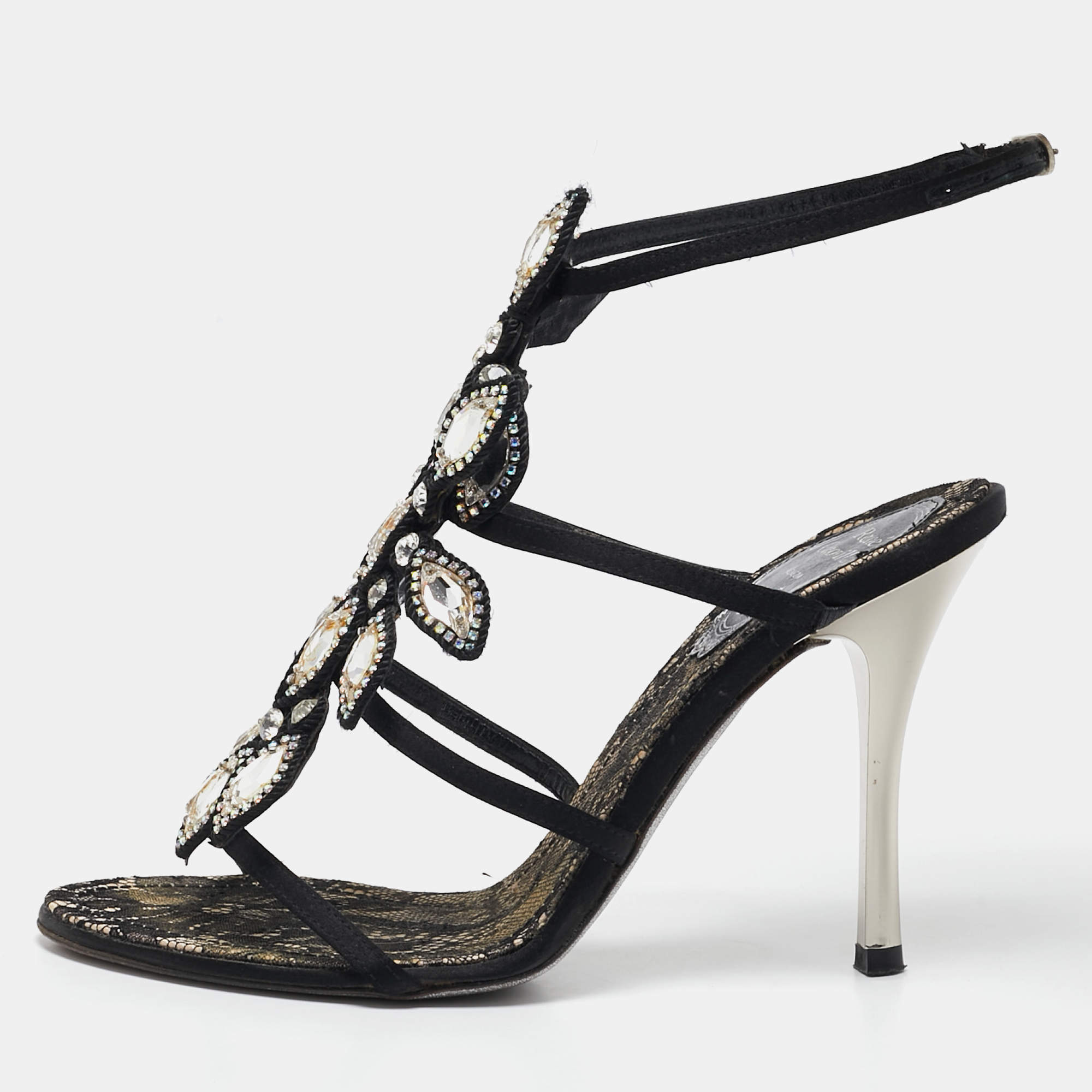 Pre Owned René Caovilla Black Satin Crystals Embellished T-Strap Sandals Size 37
