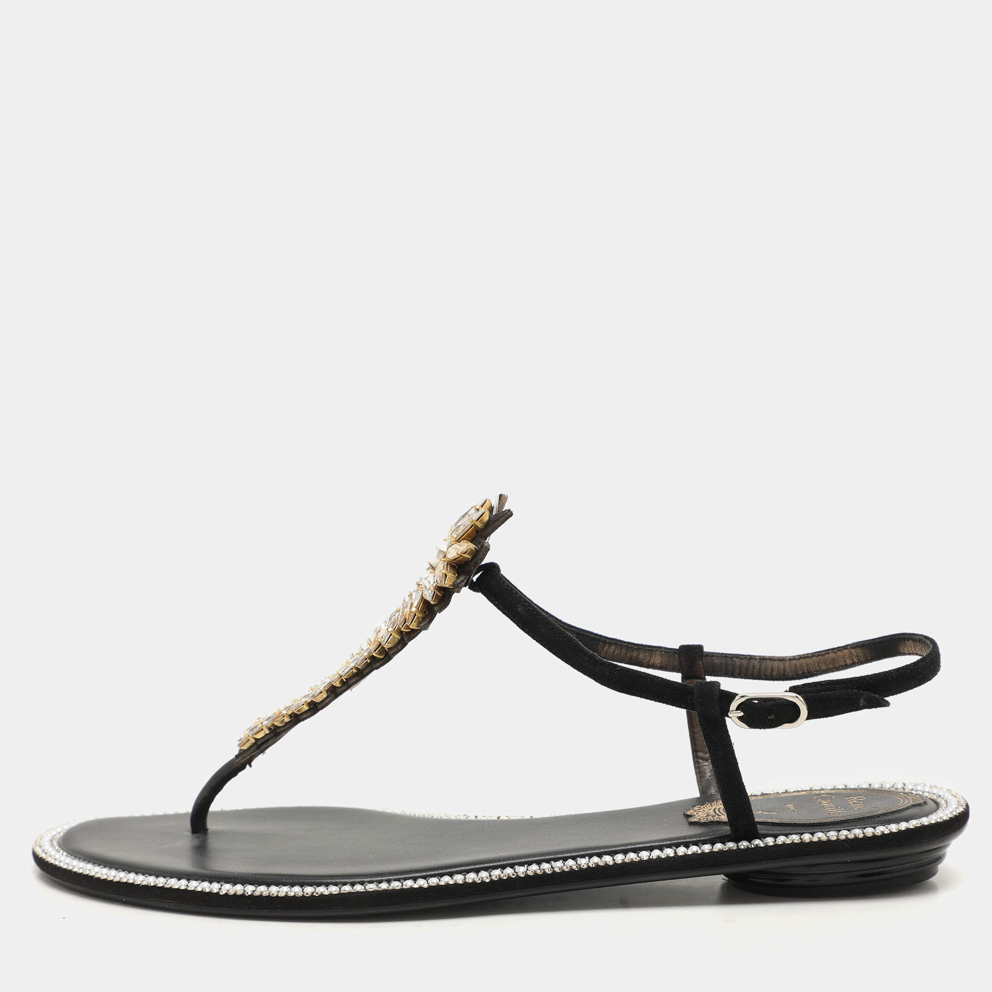 René Caovilla Black Suede Crystal Embellished Thong Sandals Size 37