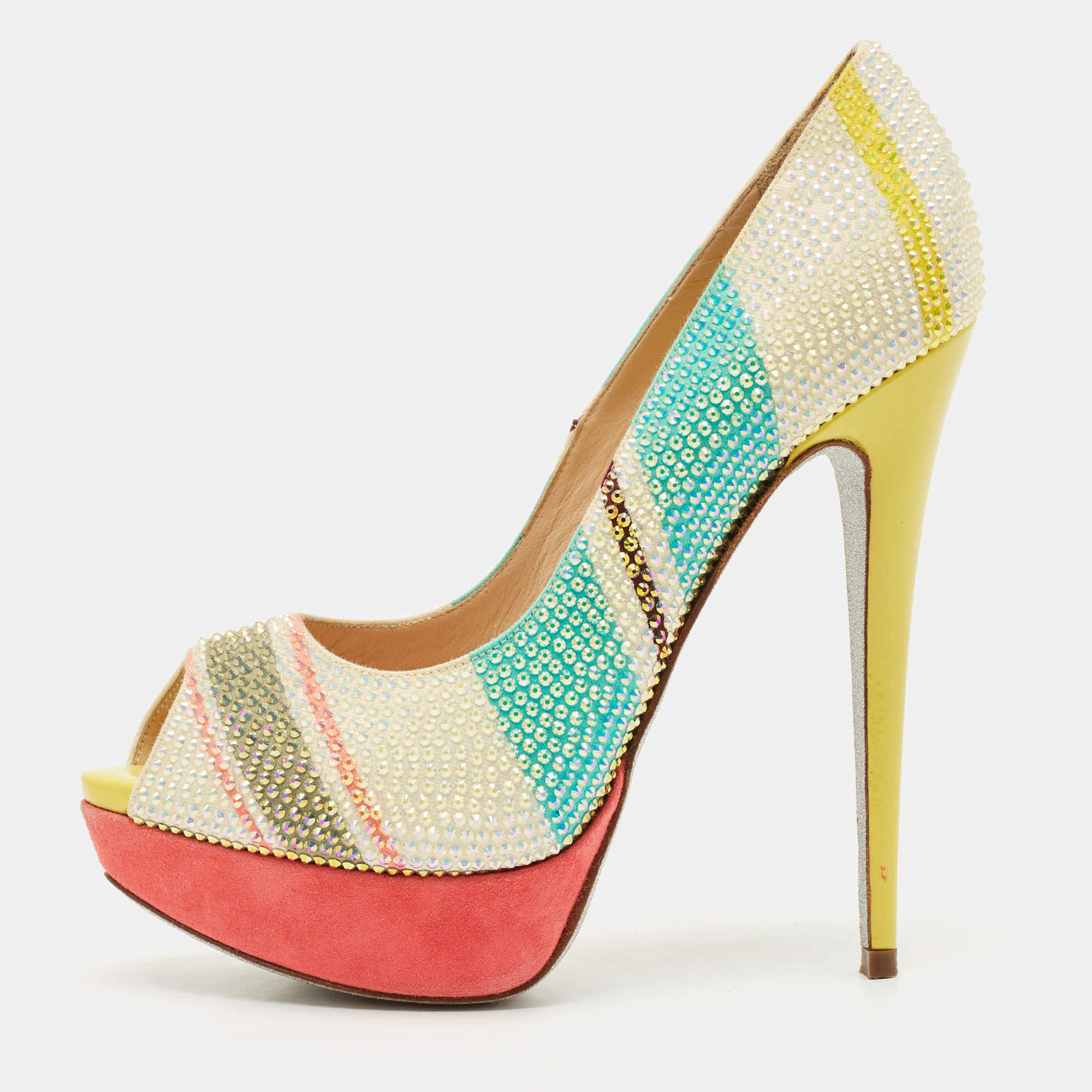René Caovilla Multicolor Suede Crystal Embellished Platform Peep Toe Pumps Size 37