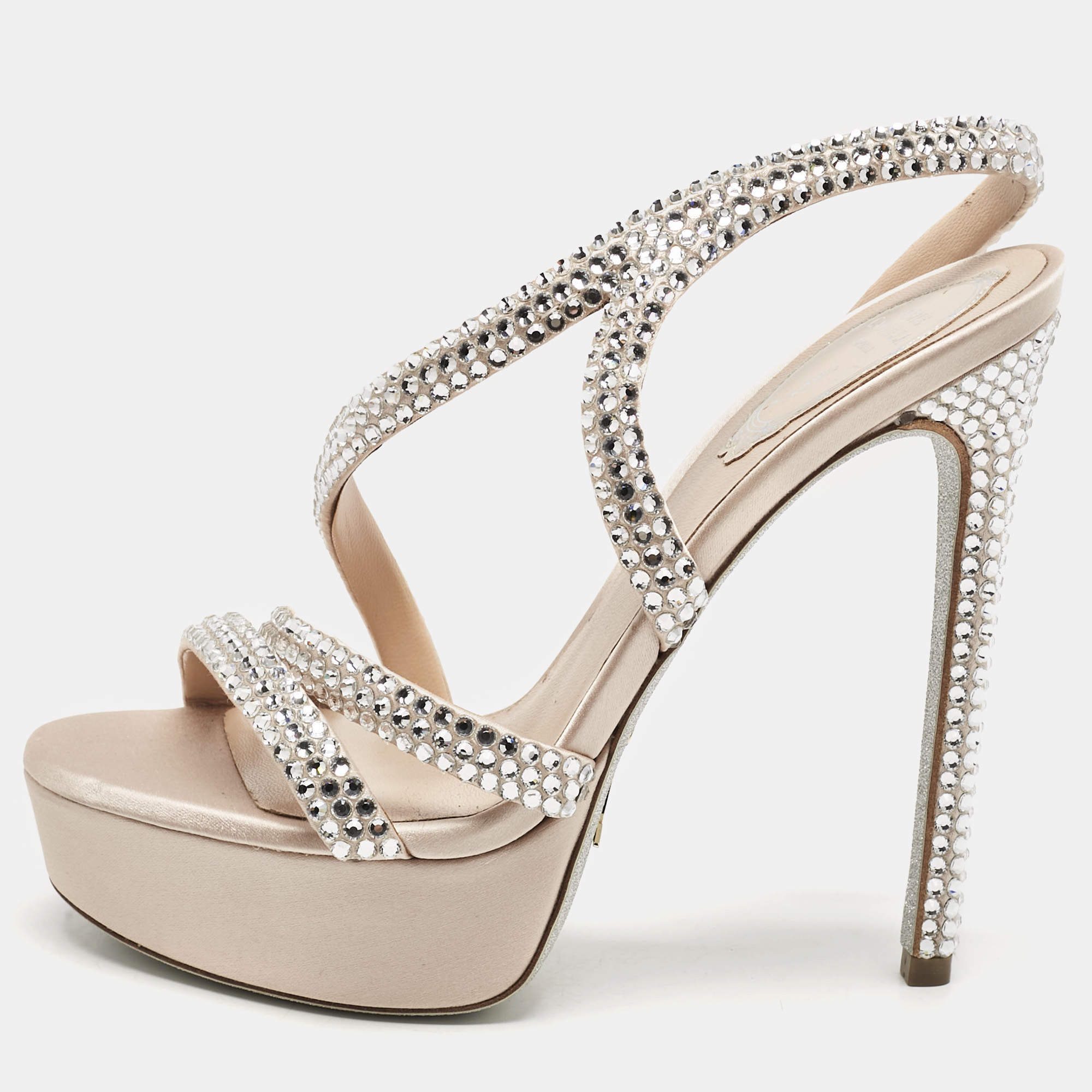 Pre Owned René Caovilla Beige Satin Lisa Crystals Platform Sandals Size 37