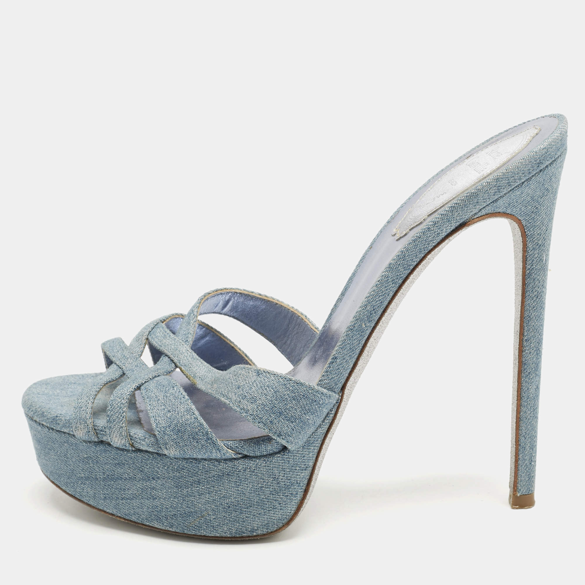 Pre Owned René Caovilla Blue Denim Strappy Platform Slide Sandals Size 37