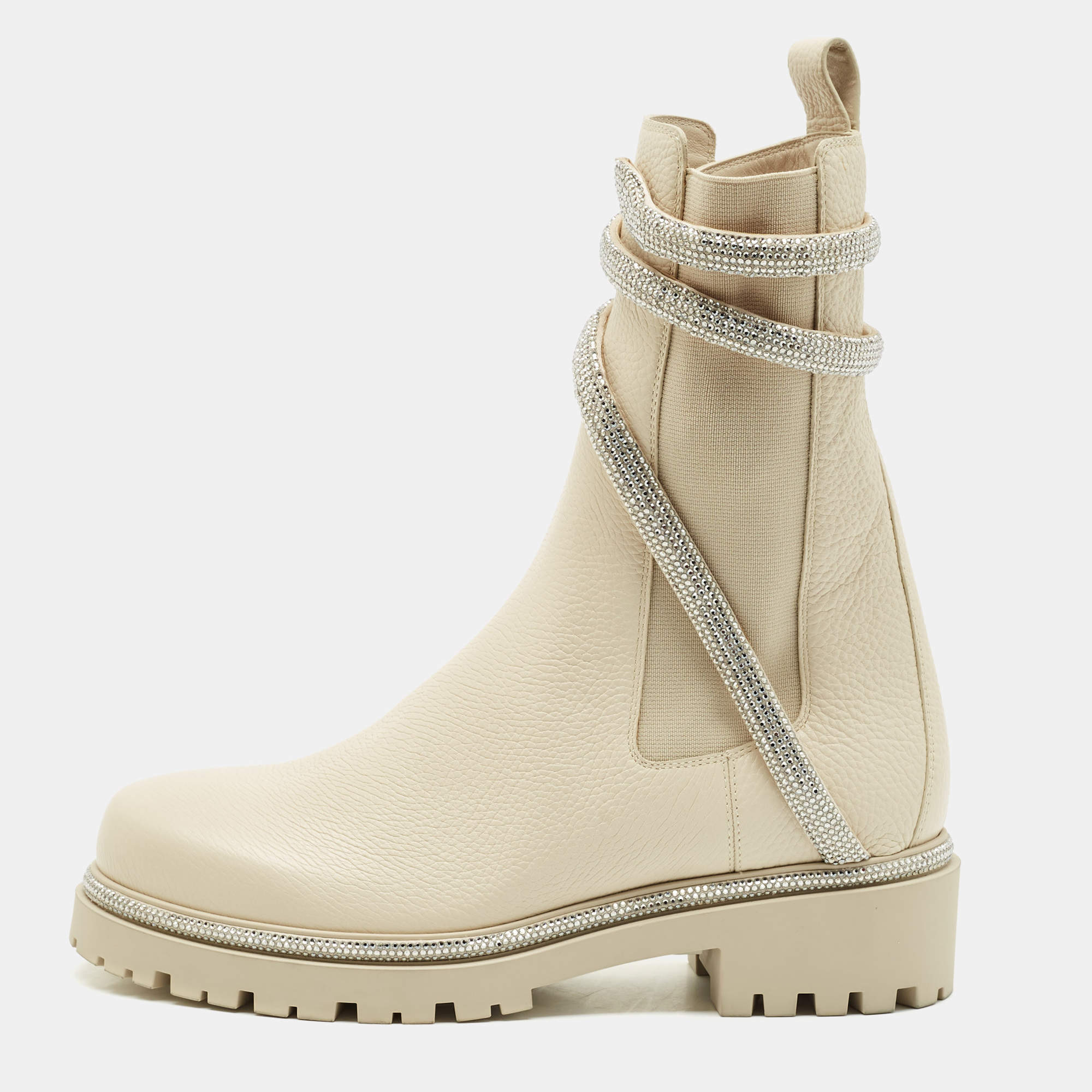 René Caovilla Ivory Leather Cleo Ankle Length Boots Size 39
