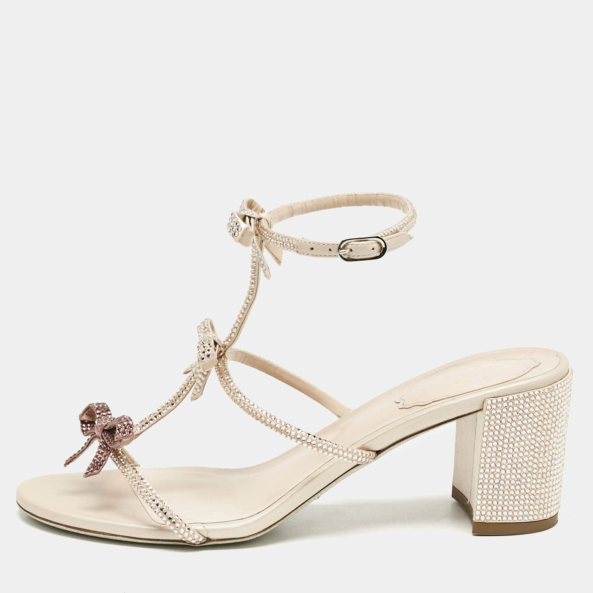 Pre Owned René Caovilla Pink Crystal Embellished Satin Sandals Size 38