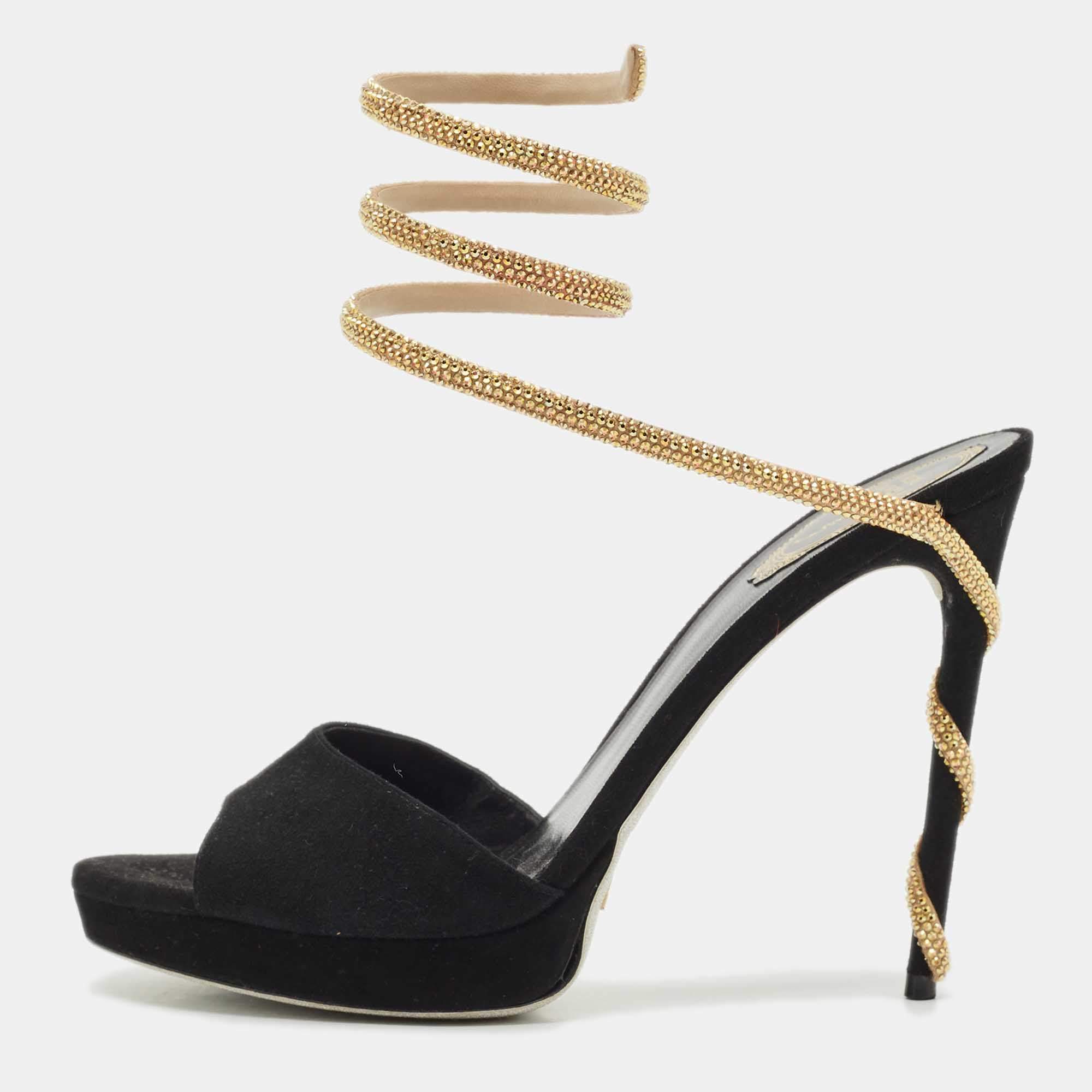 René Caovilla Black Suede Margot Platform Sandals Size 41
