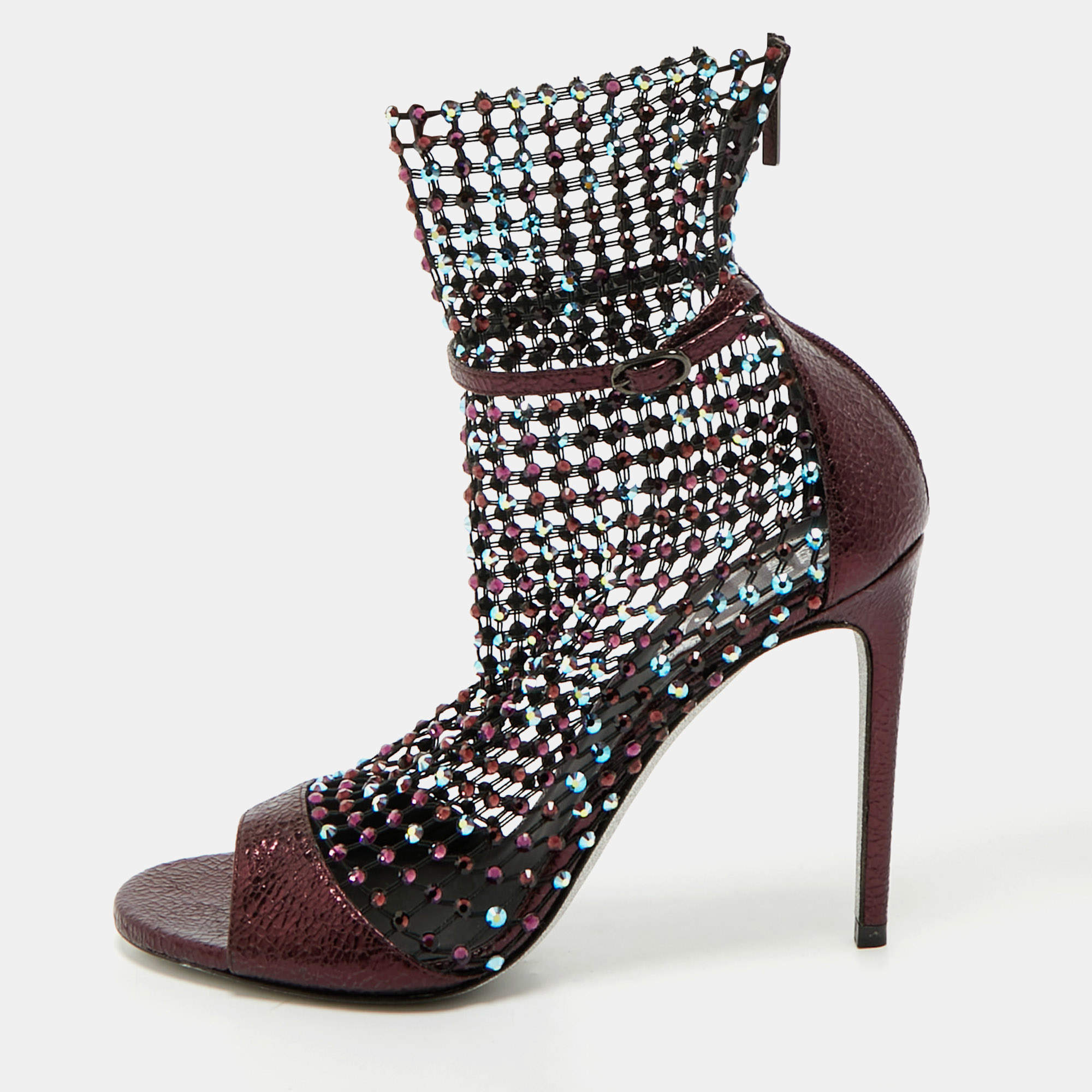 Rene Caovilla Metalic Purple Texture Leather And Lace Crystal Embellished Galaxia Booties Size 38