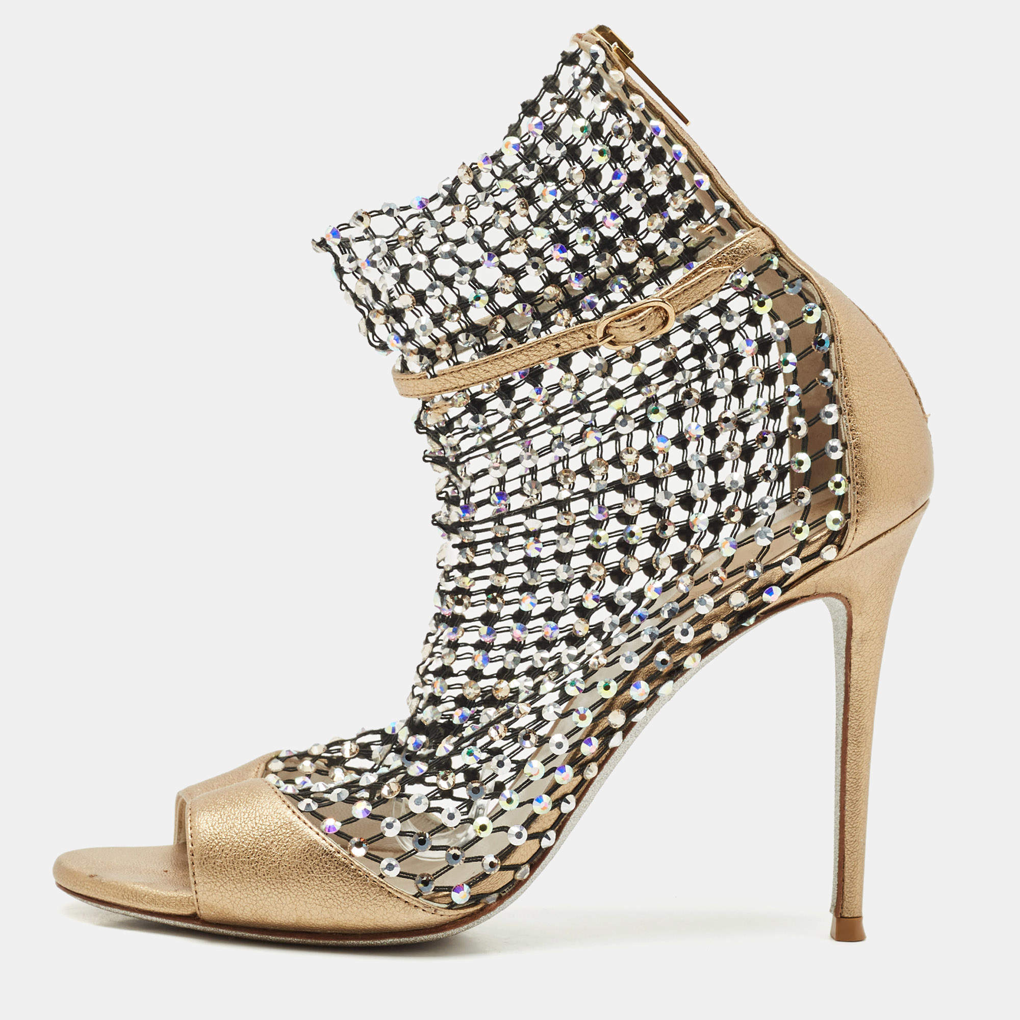 Pre Owned Rene Caovilla Gold/Black Mesh and Leather Crystal Embellished Galaxia Boots Size 38