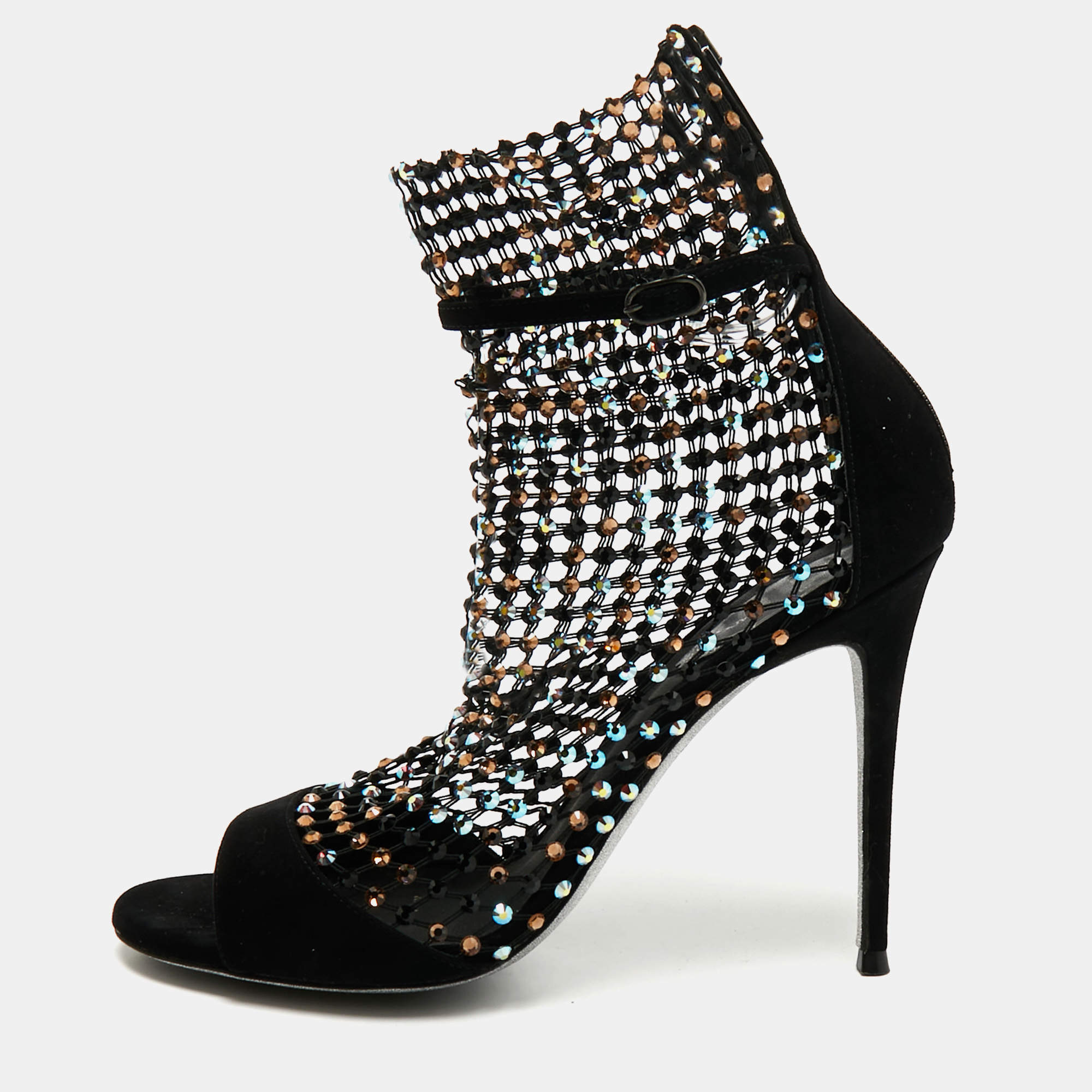 Pre Owned René Caovilla Black Mesh and Suede Ankle Length Galaxia Boots Size 38