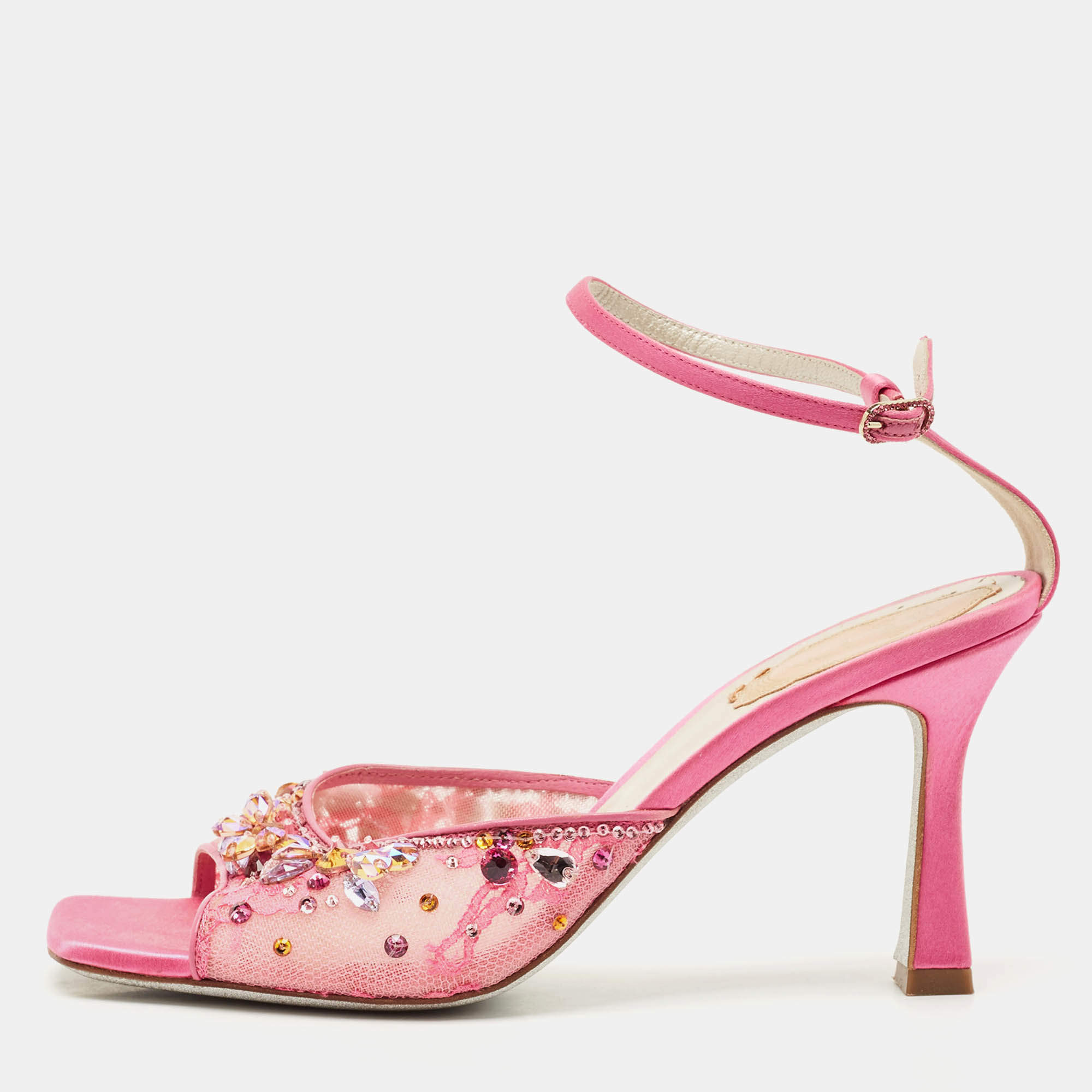 Pre Owned René Caovilla Pink Lace Crystal Embellished Ankle Strap Sandals Size 37