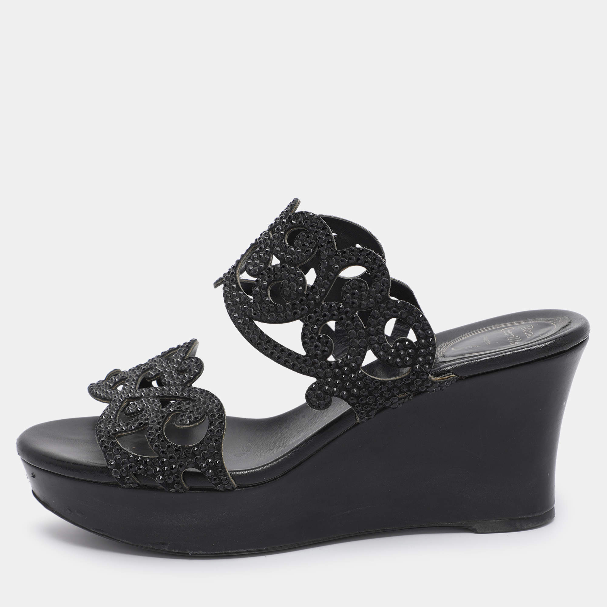 Pre Owned René Caovilla Black Rhinestone Embellished Suede Wedge Sandal Size 37