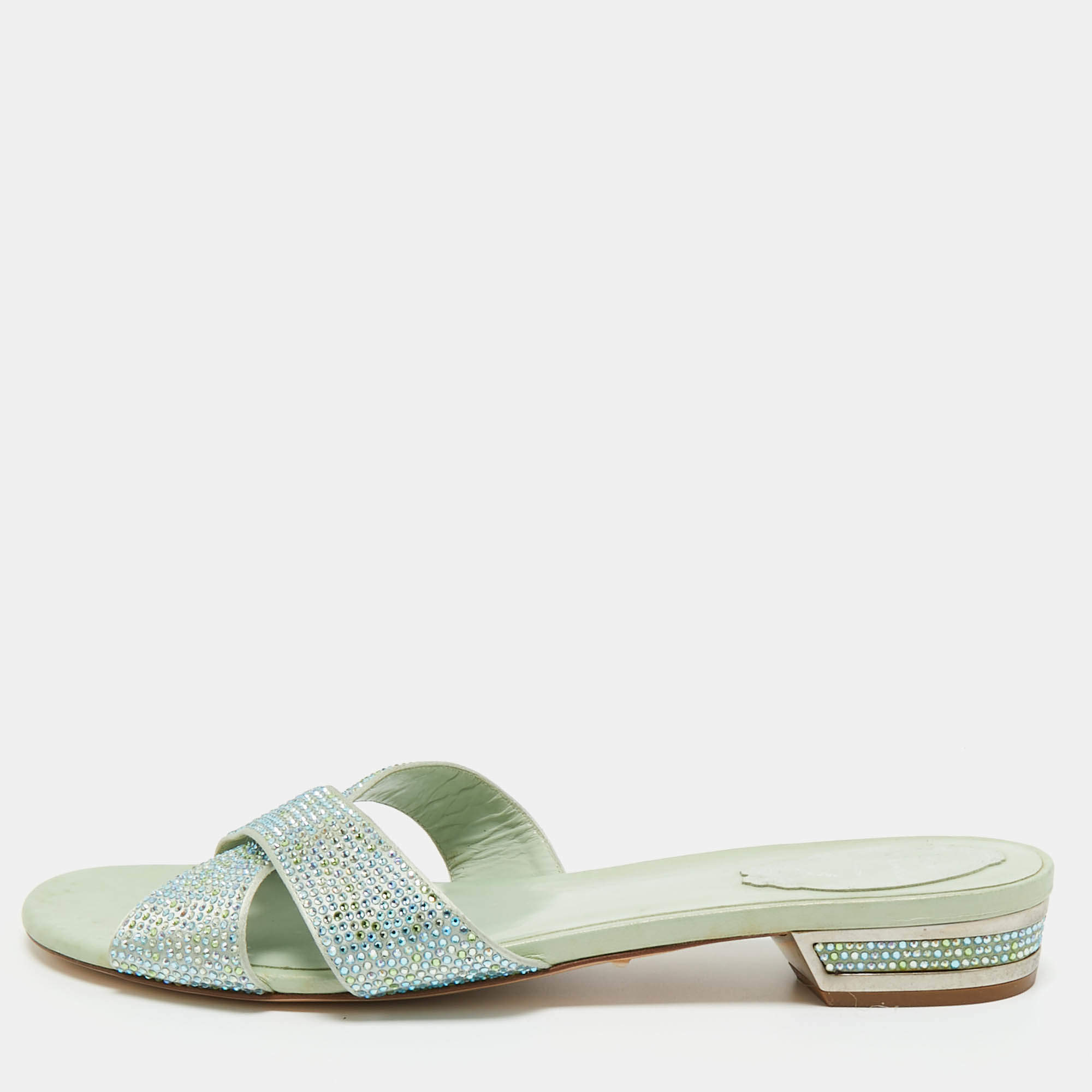 Pre Owned René Caovilla Blue Satin Crystal Embellished Flat Slides Size 41