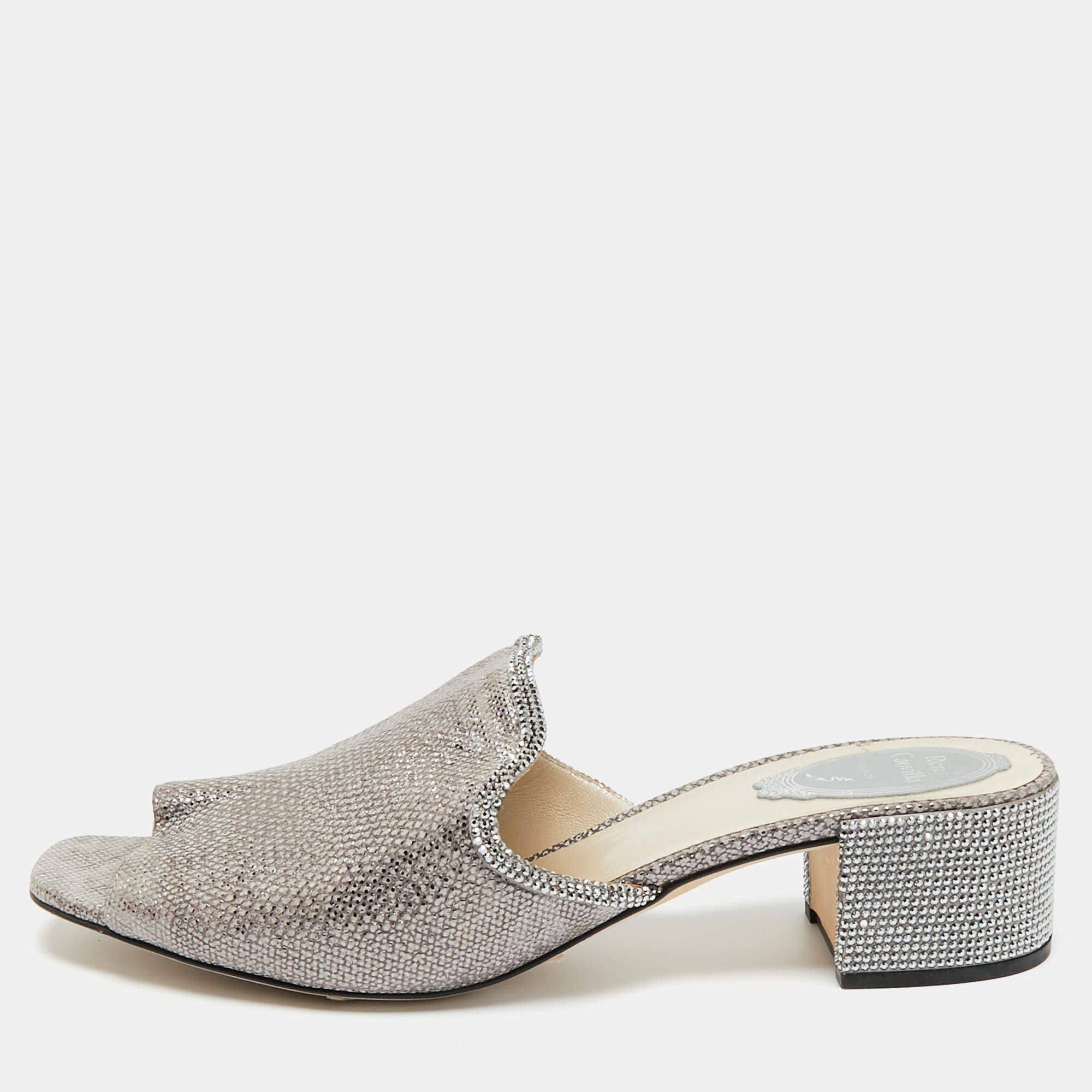 Pre Owned René Caovilla Grey//Silver Texture Leather Crystal Embellished Mules Size 41 