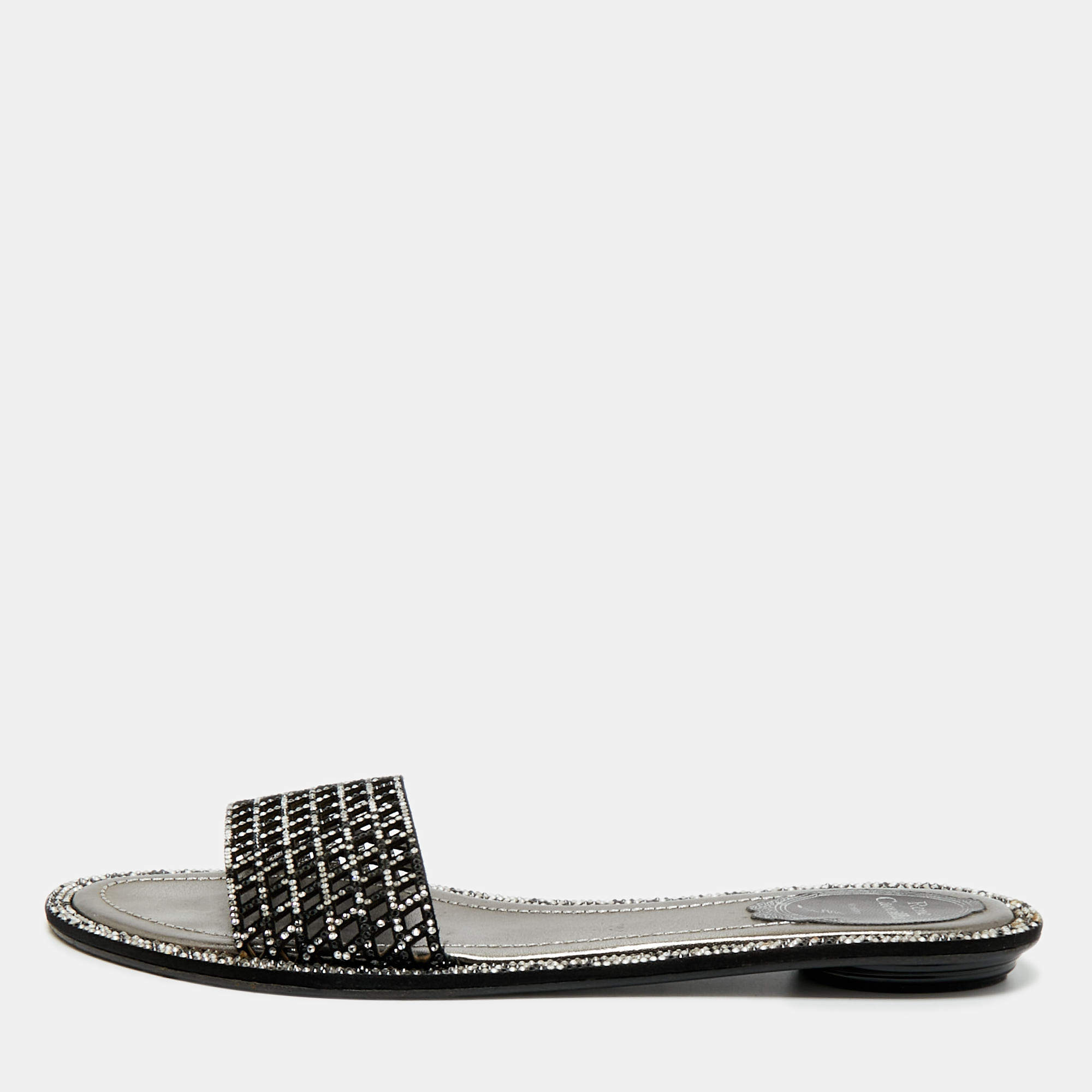 Pre Owned René Caovilla Black Leather Crystal Embellished Flat Slides Size 41