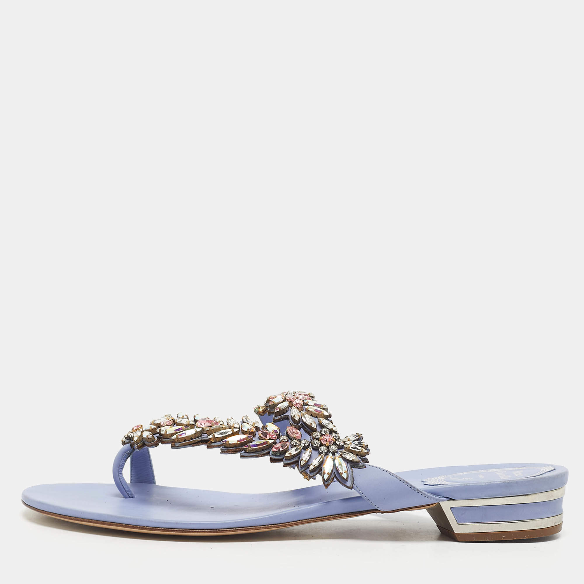 Pre Owned René Caovilla Blue Leather Crystal Embellished Flat Slides Size 41