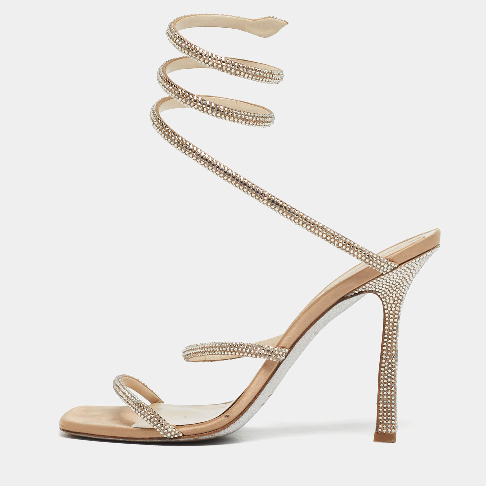 Pre Owned René Caovilla Beige Satin Cleo Ankle Strap Sandals Size 40