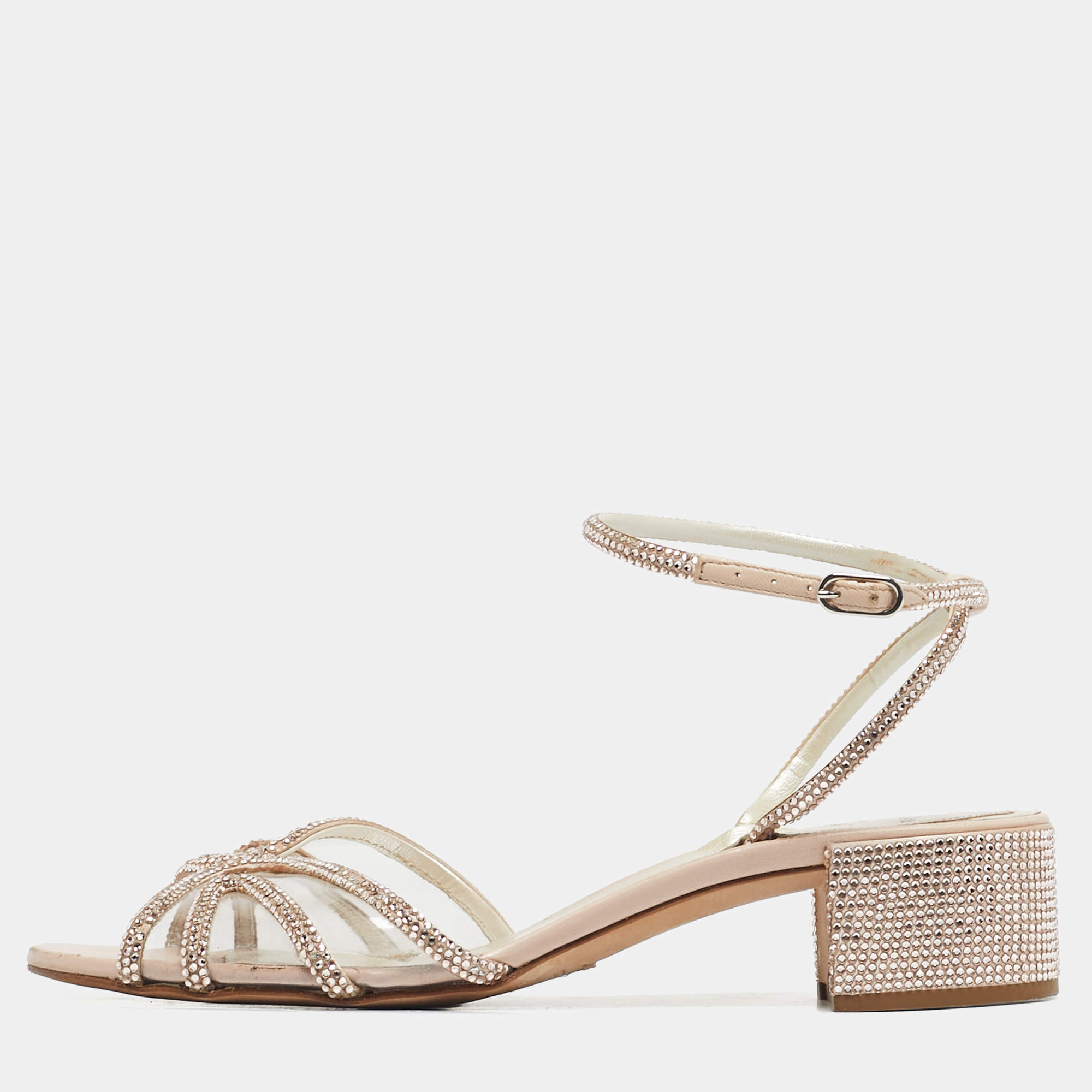 Pre Owned René Caovilla Beige Satin Crystal Embellished  Cleo Ankle Strap Sandals Size 40
