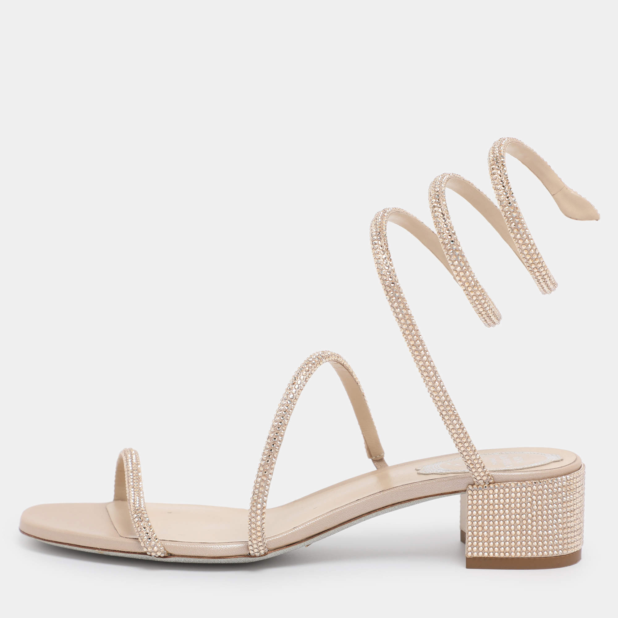 مملوكة مسبقًا Rene Caovilla Gold Satin Cleo Crystal Embellished Sandals Size 38