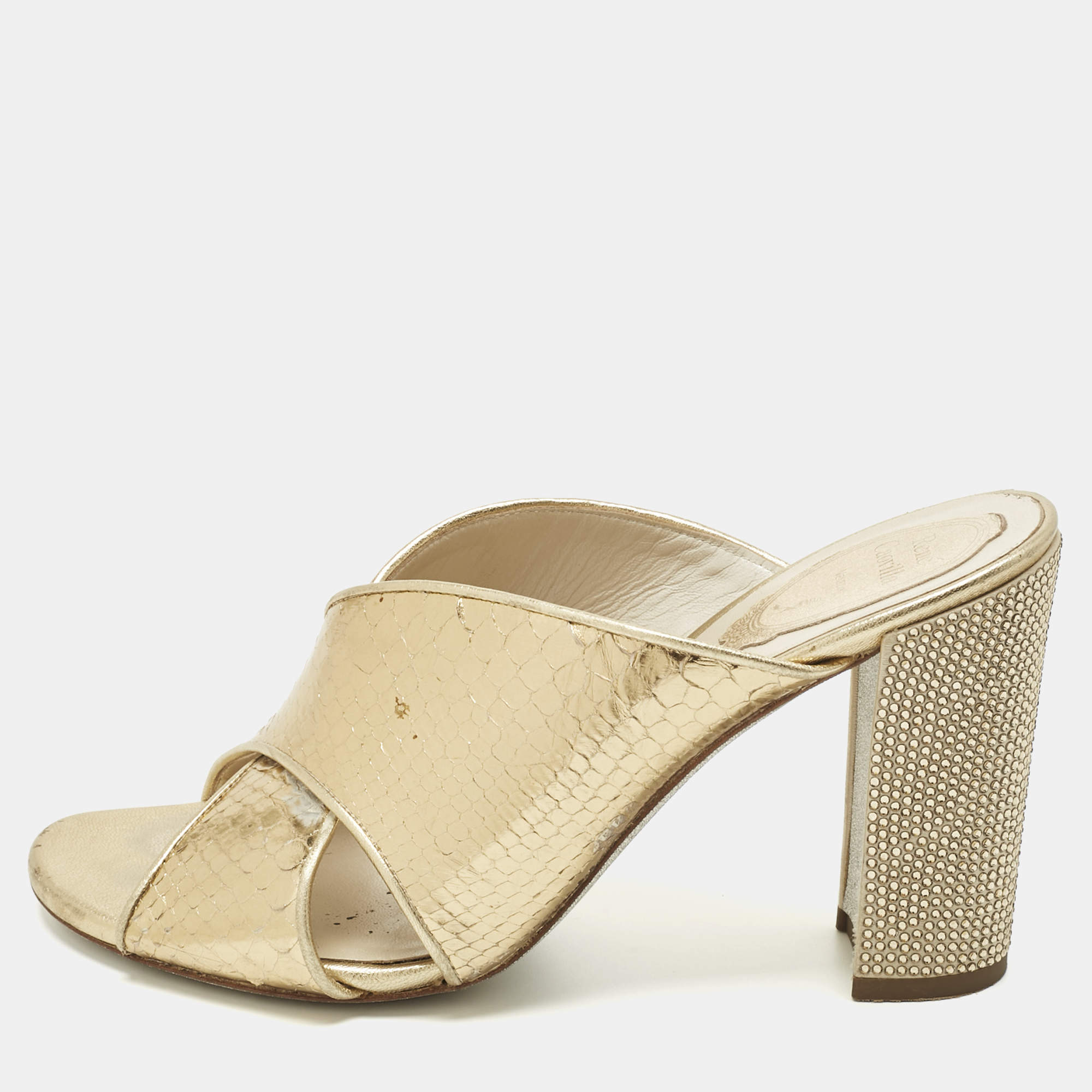 Pre Owned René Caovilla Gold Python Crisscross Slide Sandals Size 38.5