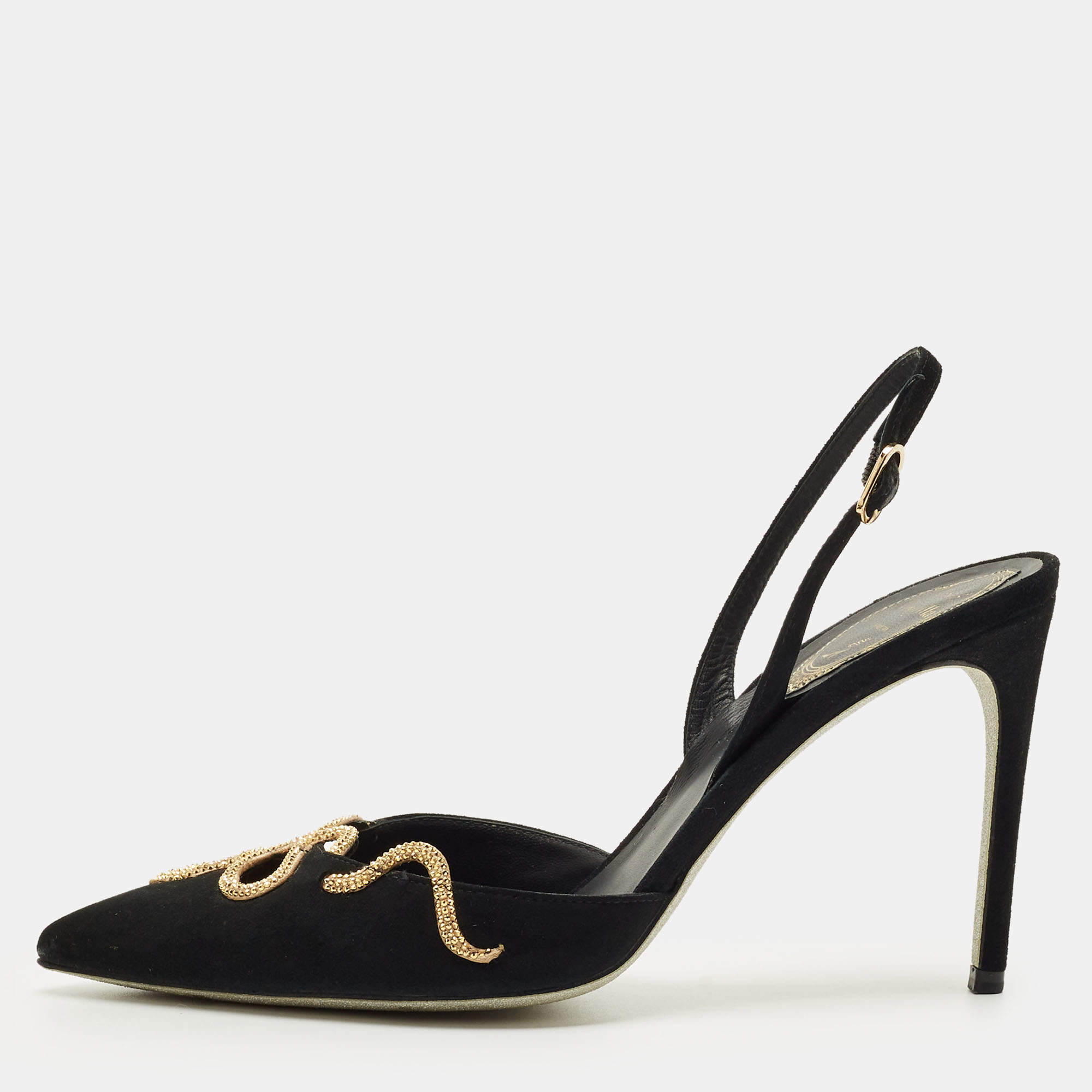 Pre Owned René Caovilla Black Suede Snake Crystal Embellish Slingback Pumps Size 37.5