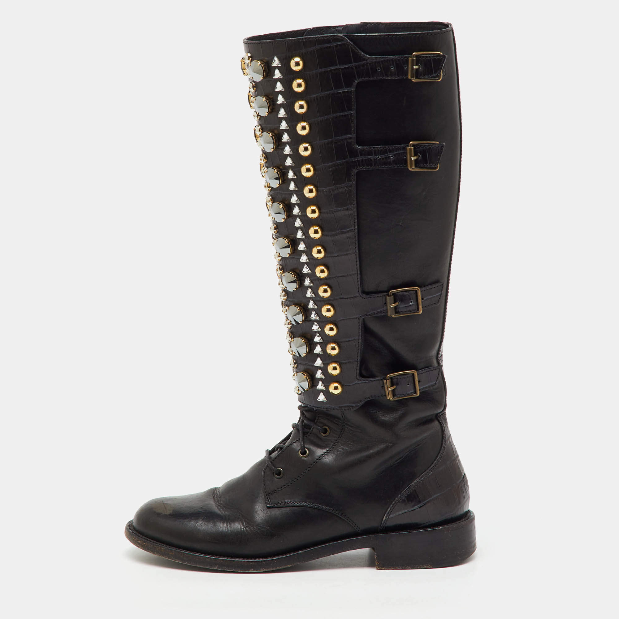 Pre Owned René Caovilla Black Croc Embossed and Leather Crystal Studded Knee Boots Size 36.5