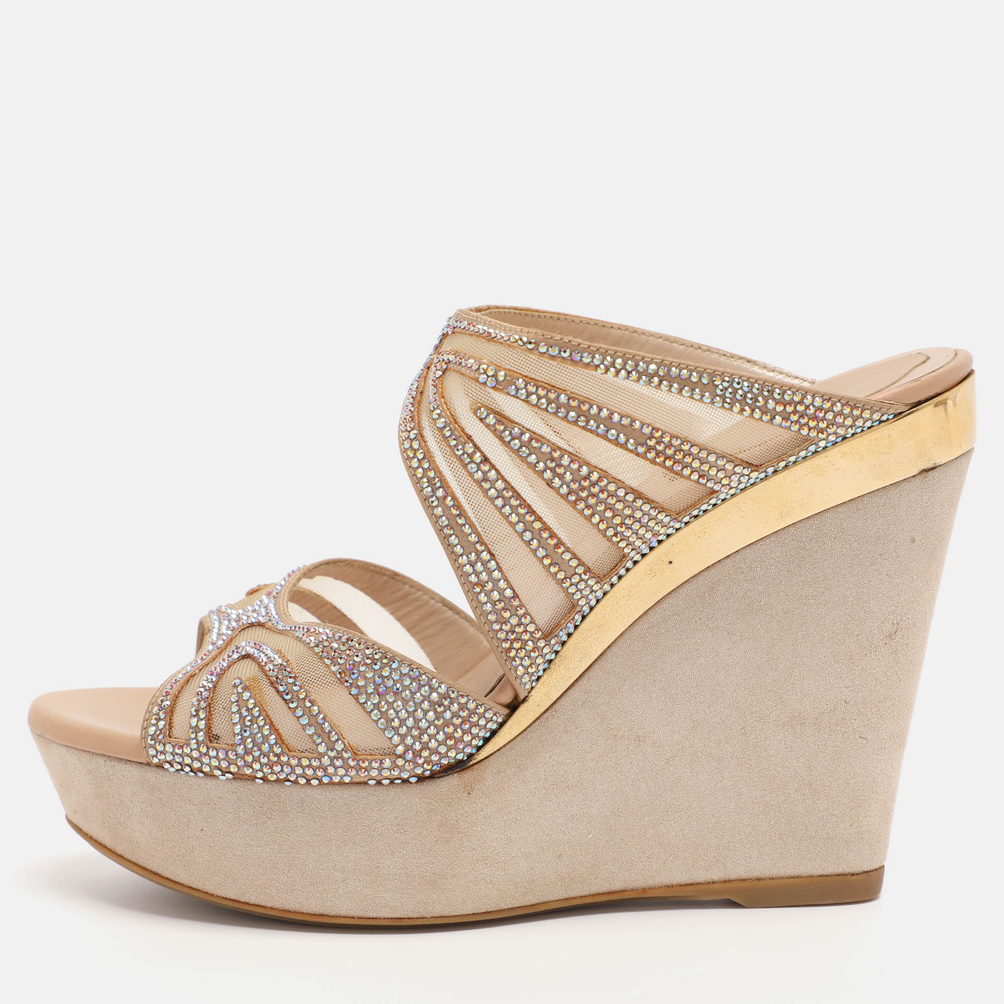 Pre Owned Rene Caovilla Beige Crystal Embellished Fabric And Mesh Platform Wedge Slides Size 37