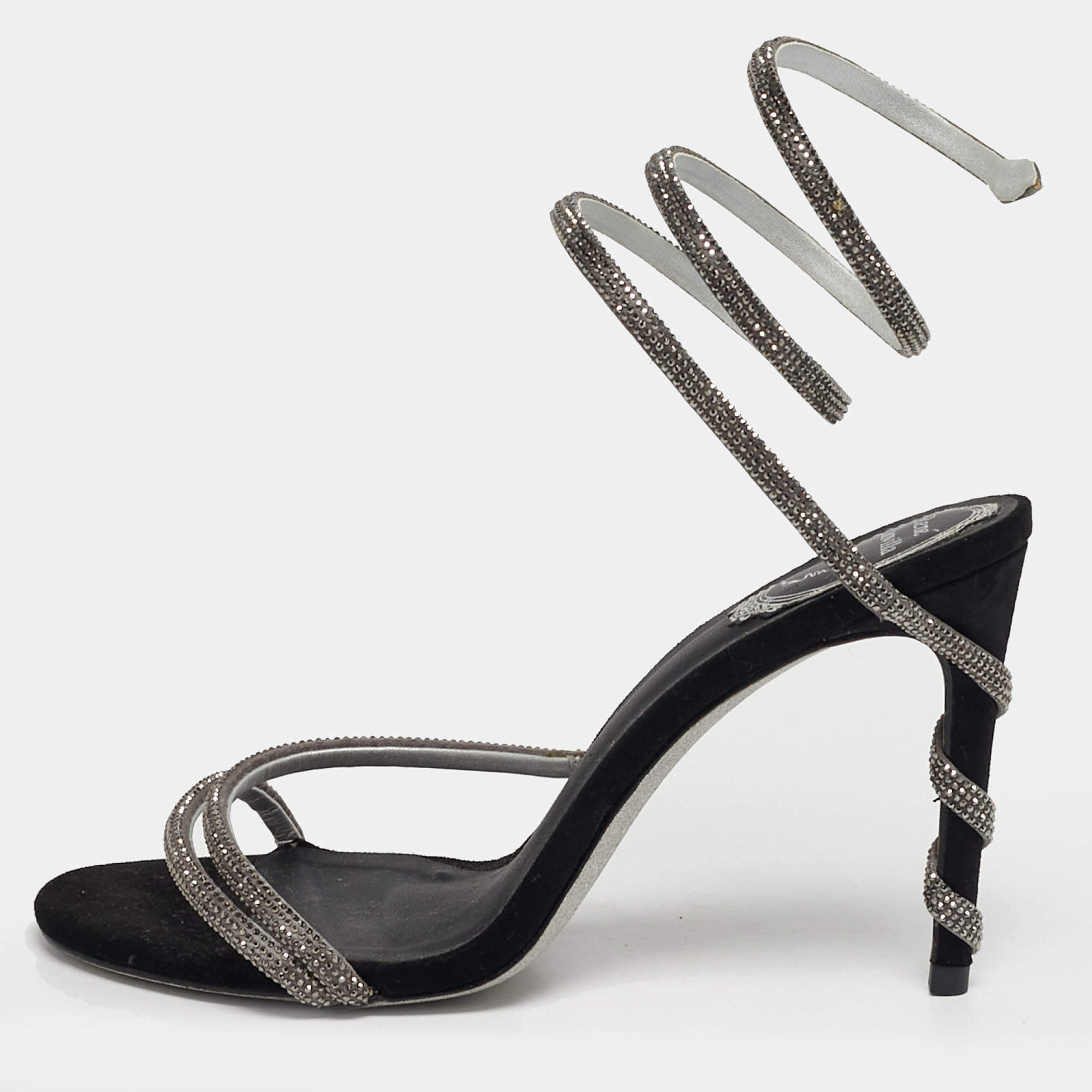 Pre Owned René Caovilla Cleo Size 40 Black Satin and Suede Crystal Embellished Ankle Strap Sandals