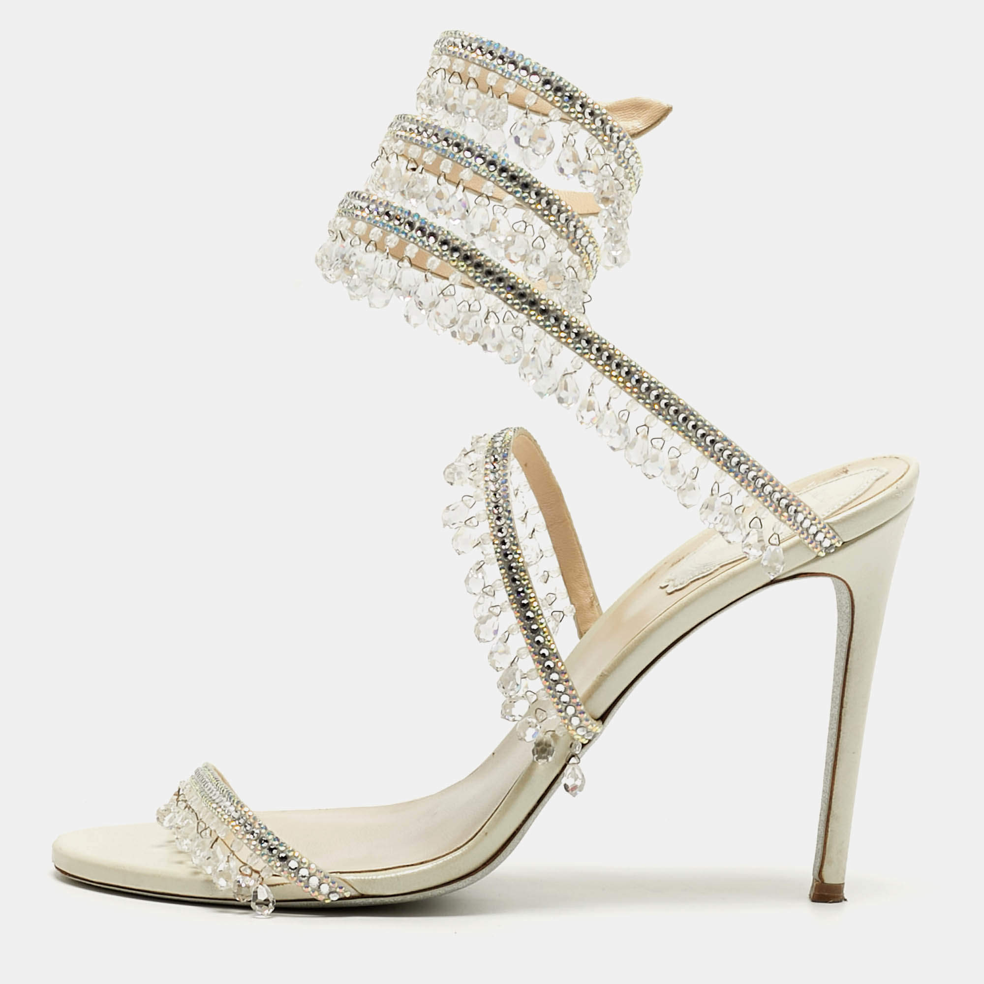 Pre Owned René Caovilla Cleo Size 39 Cream Leather Crystal Embellished Ankle Strap Sandals