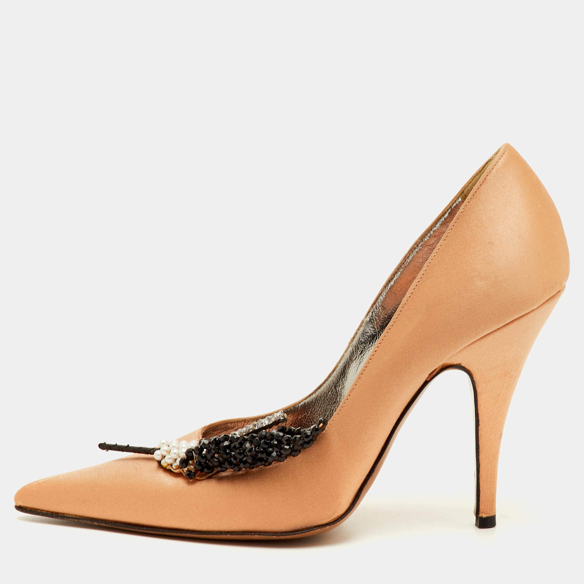 Pre Owned René Caovilla Size 36.5 Beige Satin Embellished Pointed Toe Pumps