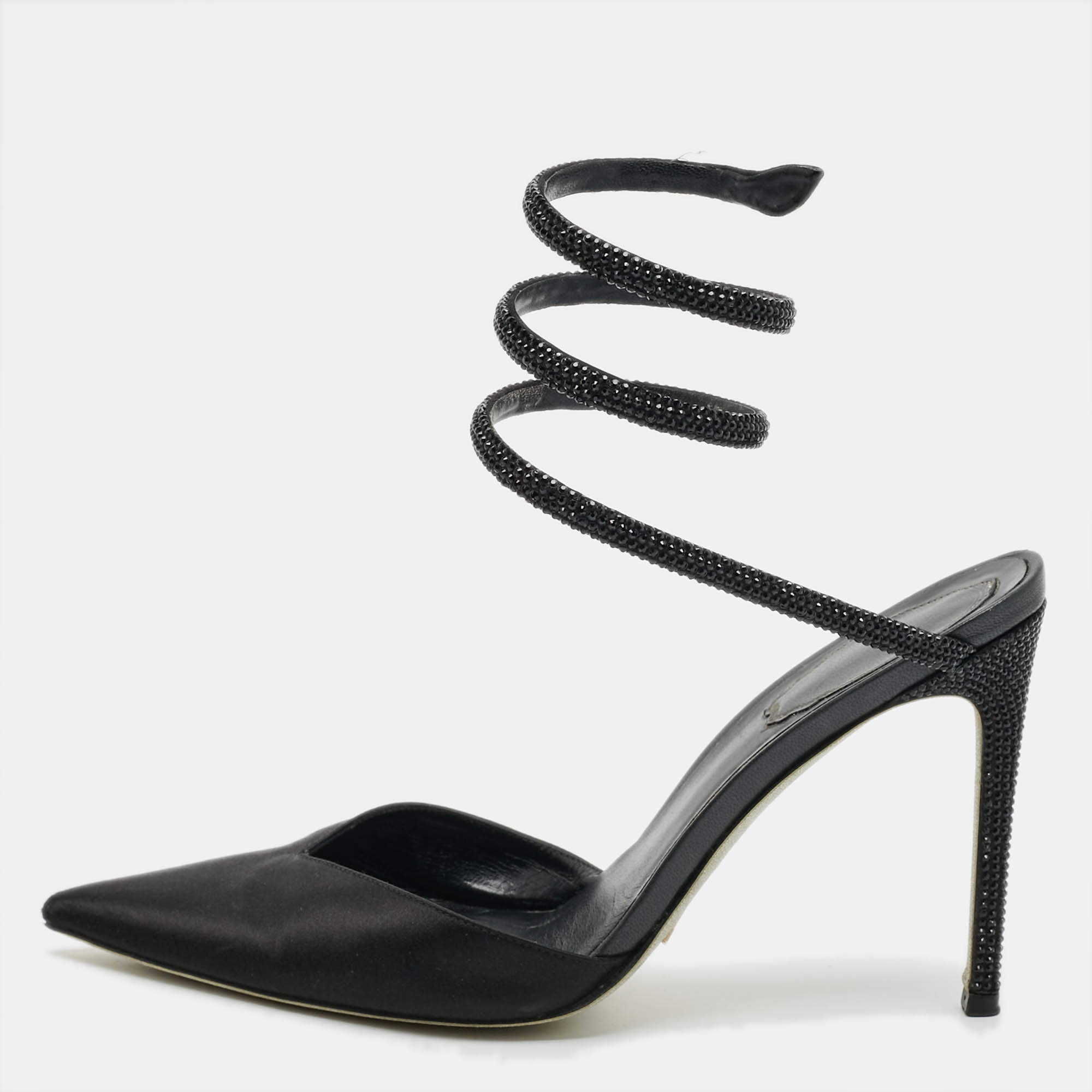 Pre Owned René Caovilla Cleo Crystal Embellished Size 37.5 Black Satin Pumps