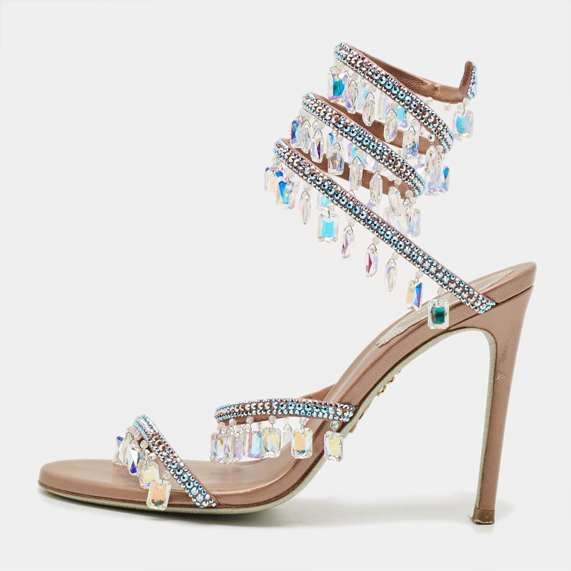 مملوكة مسبقًا René Caovilla Chandelier Size 36 Beige Satin Crystal Embellished Ankle Wrap Sandals