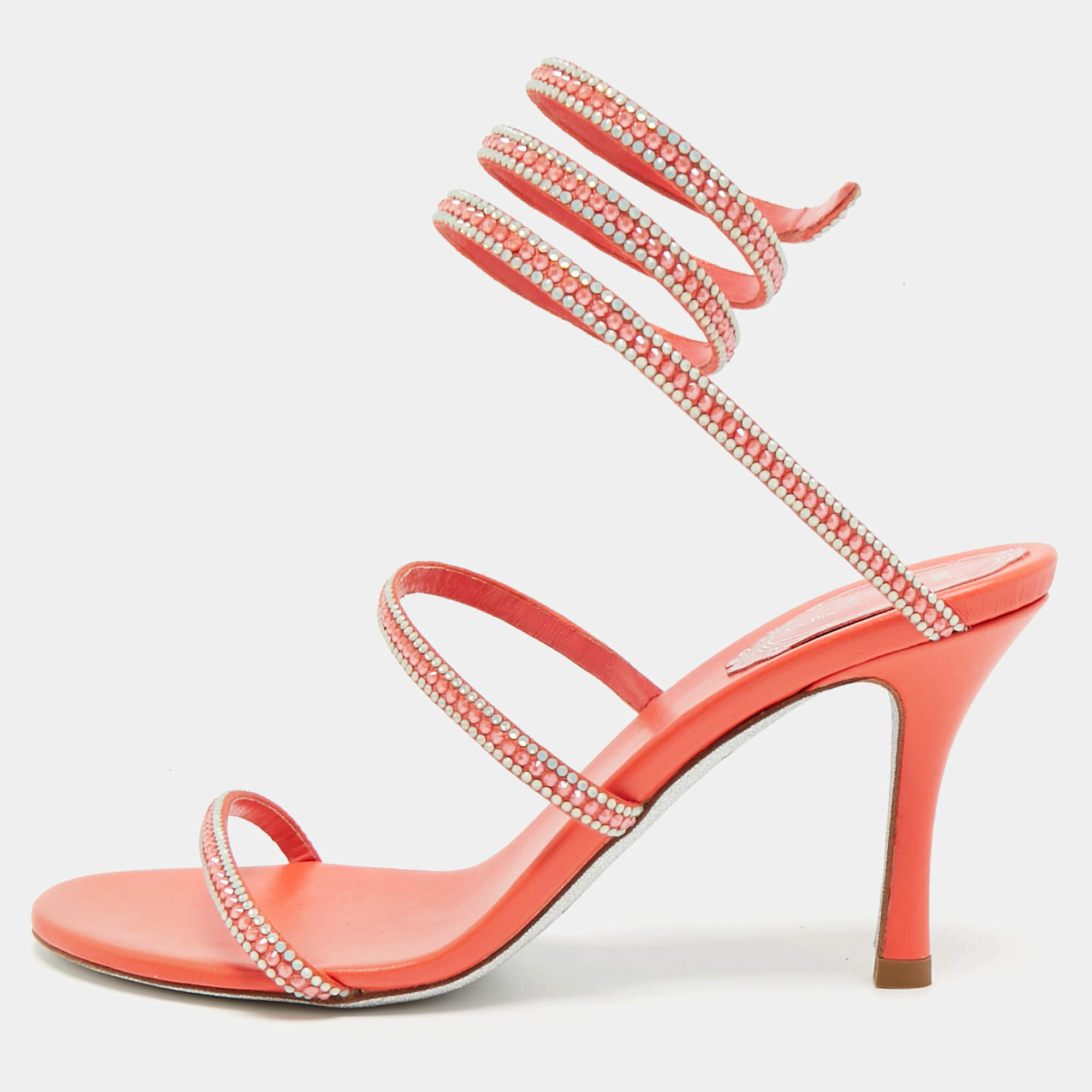 Pre Owned René Caovilla Size 36 Orange Leather and Satin Crystal Embellished Ankle Wrap Sandals