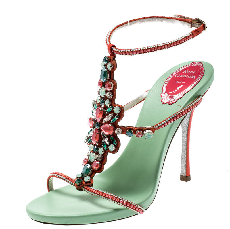 Pre Owned René Caovilla Orange Satin And Suede Crystal Embellished Ankle Strap Sandals Size 38