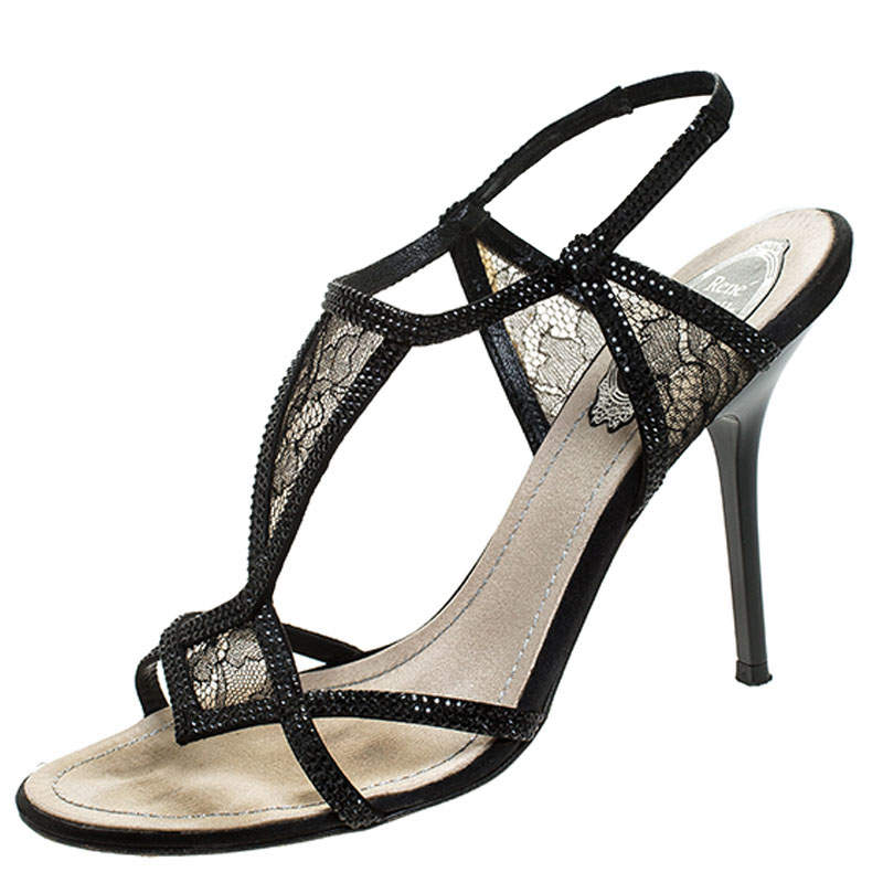 René Caovilla Black Lace And Satin Crystal Embellished Open Toe Slingback Sandals Size 37